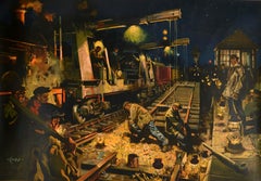 Original Vintage British Railways Poster Track Laying By Night Terence Cuneo