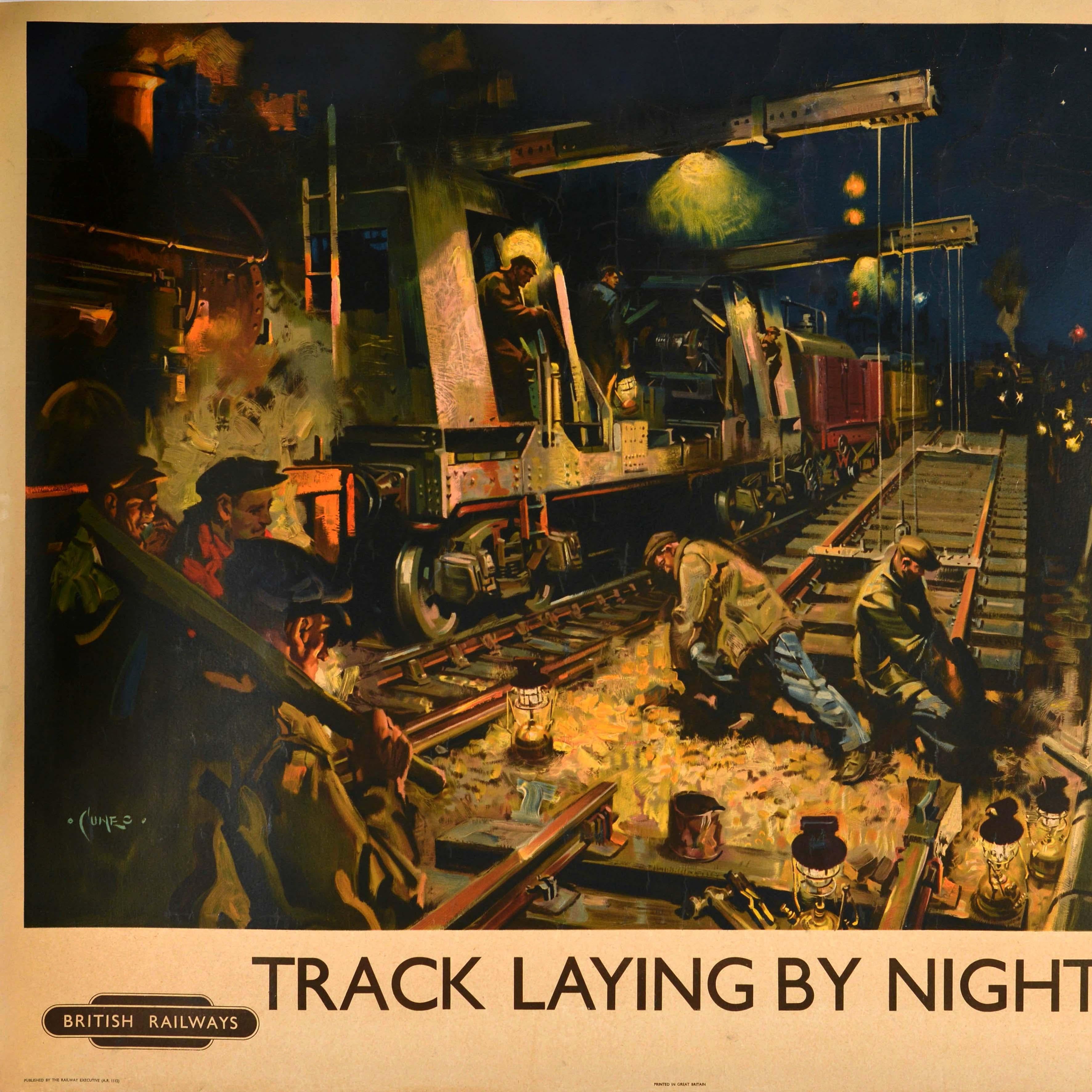 Original Vintage British Railways Poster Track Laying By Night Terence Cuneo In Good Condition For Sale In London, GB