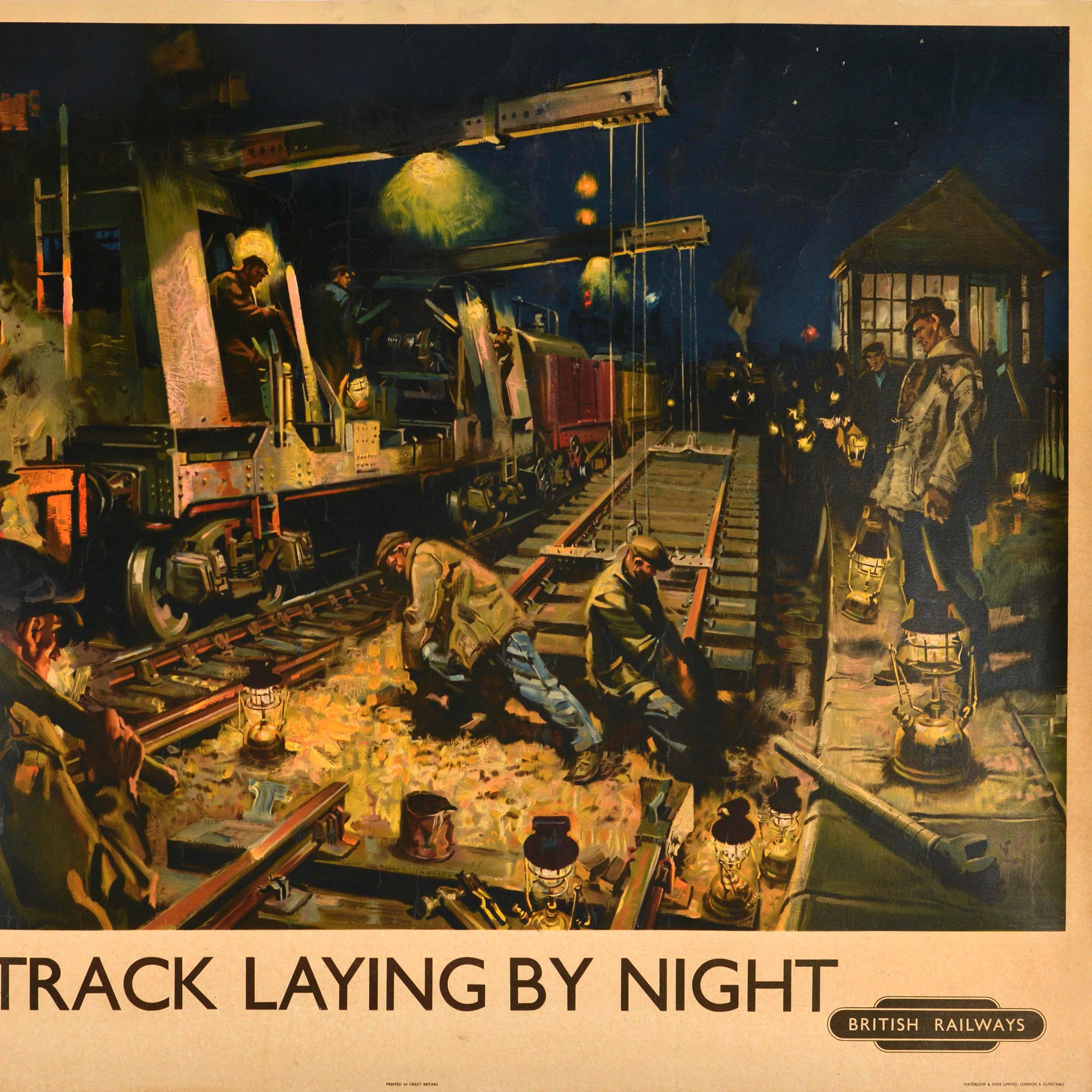 Mid-20th Century Original Vintage British Railways Poster Track Laying By Night Terence Cuneo For Sale
