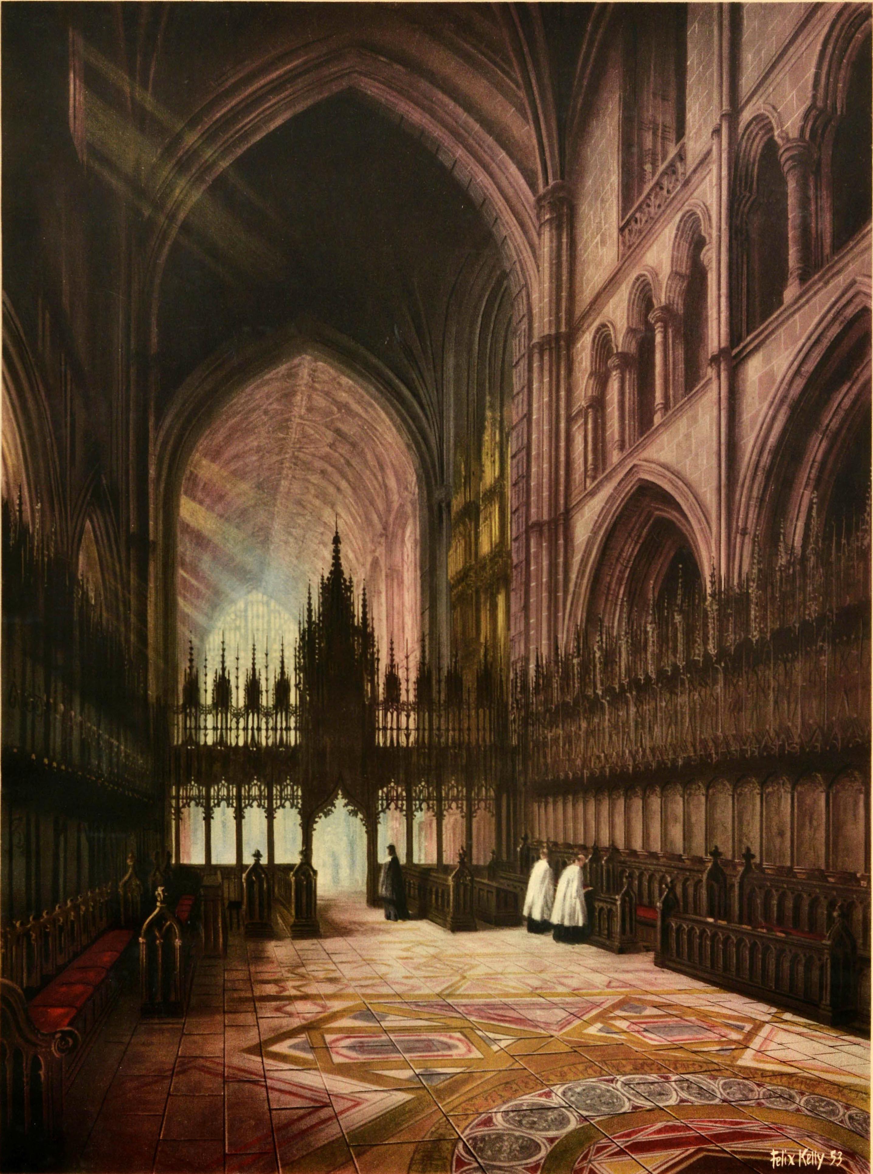 Poster originale d'epoca delle British Railways per Chester con un'opera d'arte del pittore e grafico neozelandese Felix Kelly (1914-1994) che raffigura una scena di pace nella storica chiesa della Cattedrale di Chester di Cristo e della Beata