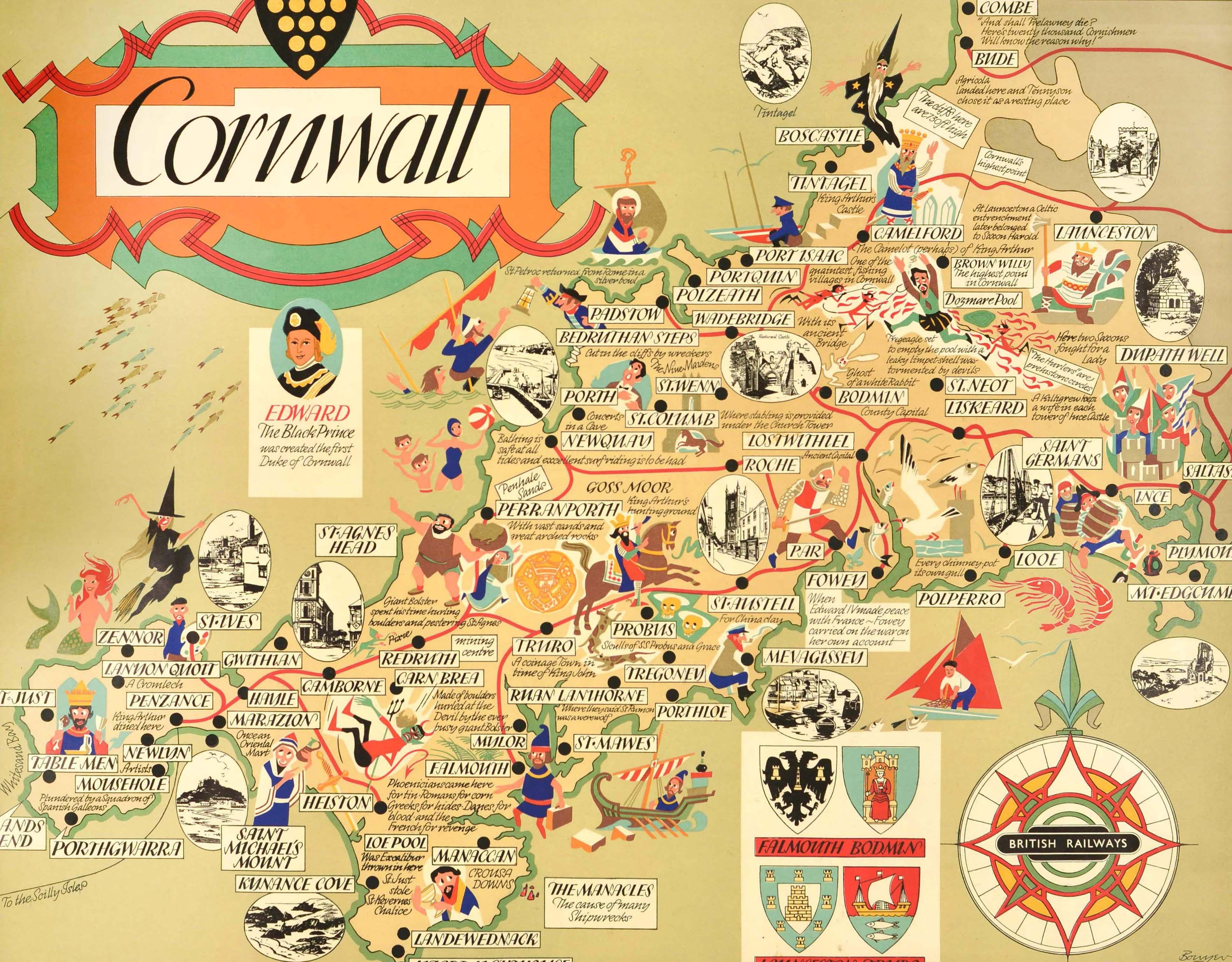 Original vintage British Railways poster for Cornwall in South West England featuring a fun and colourful pictorial map depicting historical myths, legends and events, notable people including the first Duke of Cornwall Edward The Black Prince and