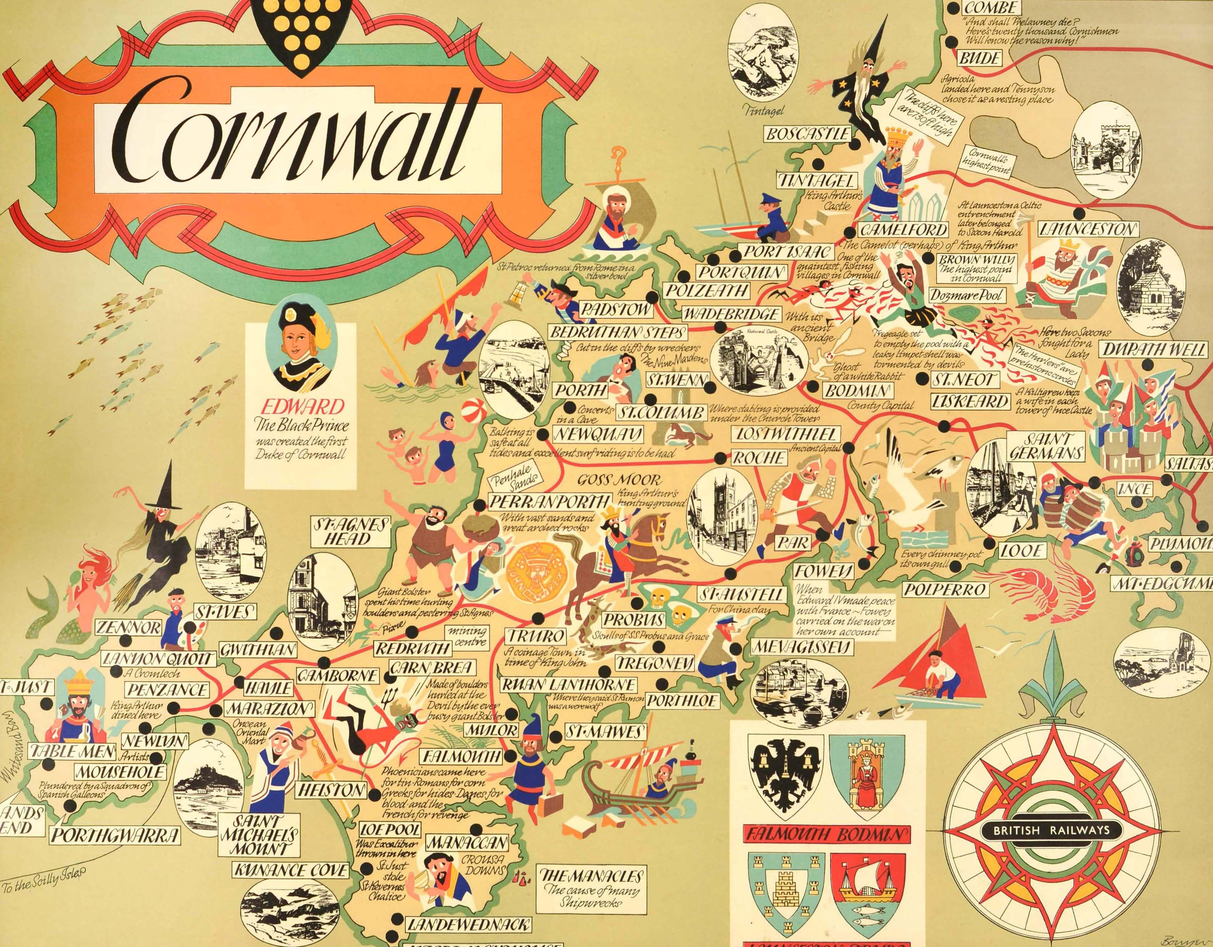 Originales Vintage-Poster der British Railways für Cornwall im Südwesten Englands mit einer lustigen und farbenfrohen Bildkarte, auf der historische Mythen, Legenden und Ereignisse, berühmte Persönlichkeiten wie der erste Herzog von Cornwall, Edward