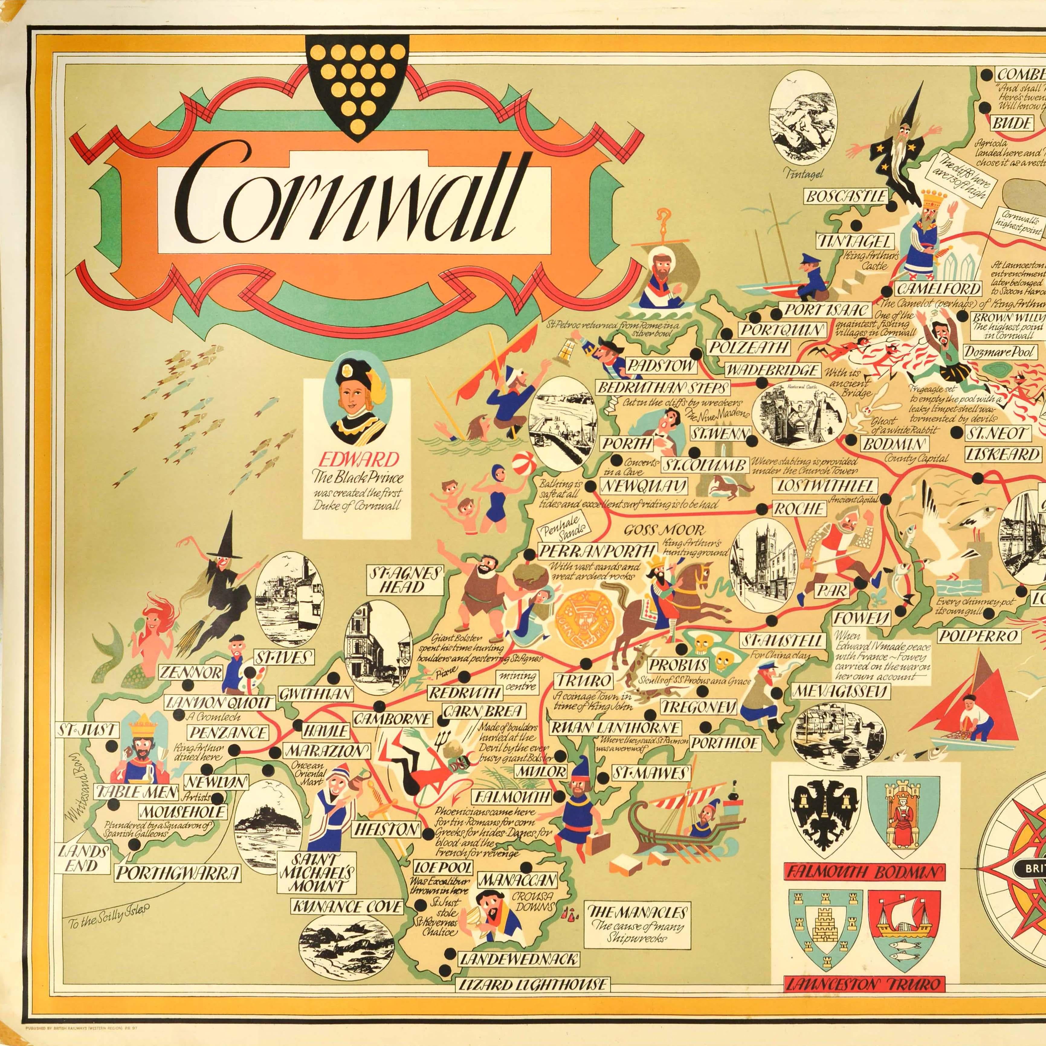 Original Vintage British Railways Train Travel Poster Cornwall Pictorial Map UK In Good Condition For Sale In London, GB