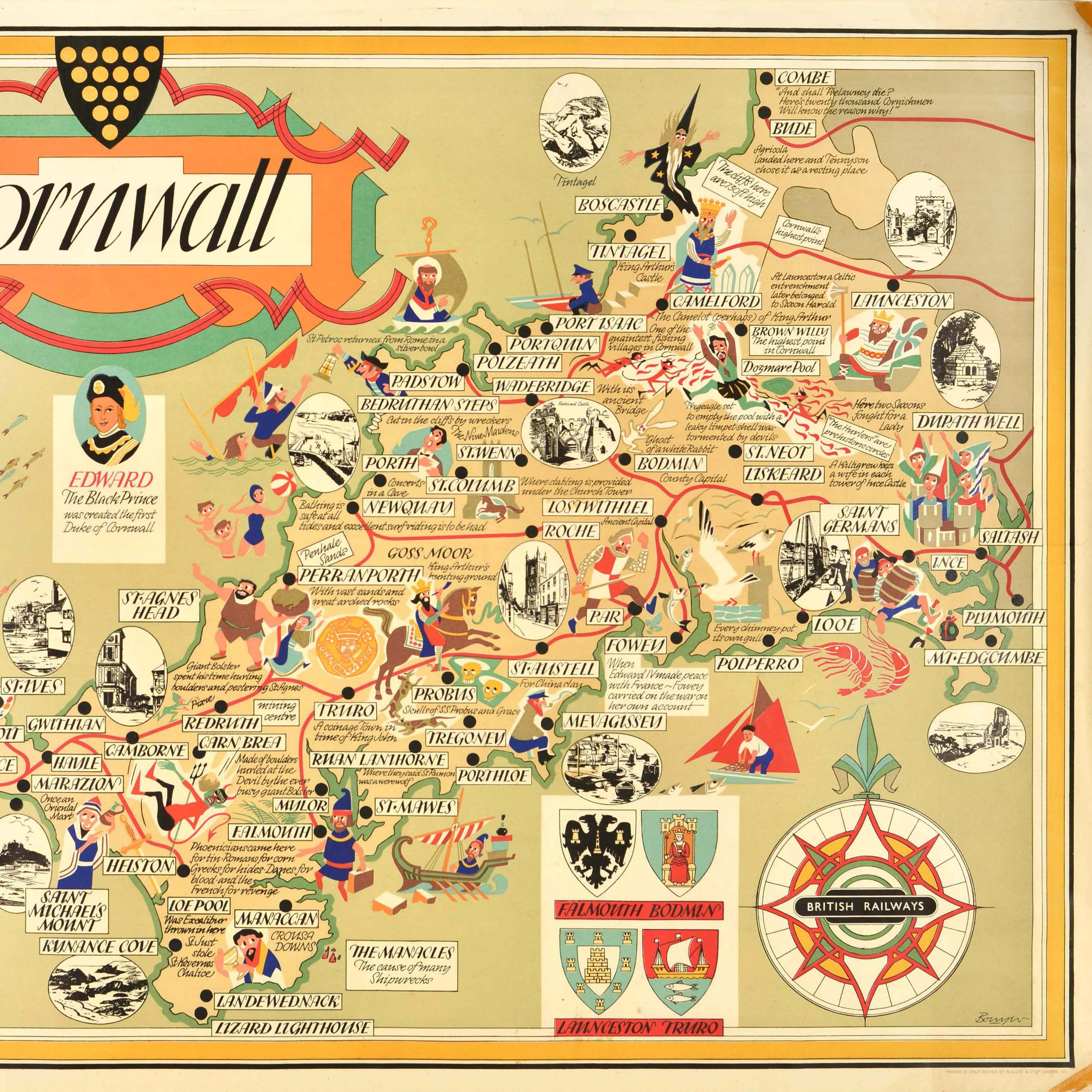Mid-20th Century Original Vintage British Railways Train Travel Poster Cornwall Pictorial Map UK For Sale