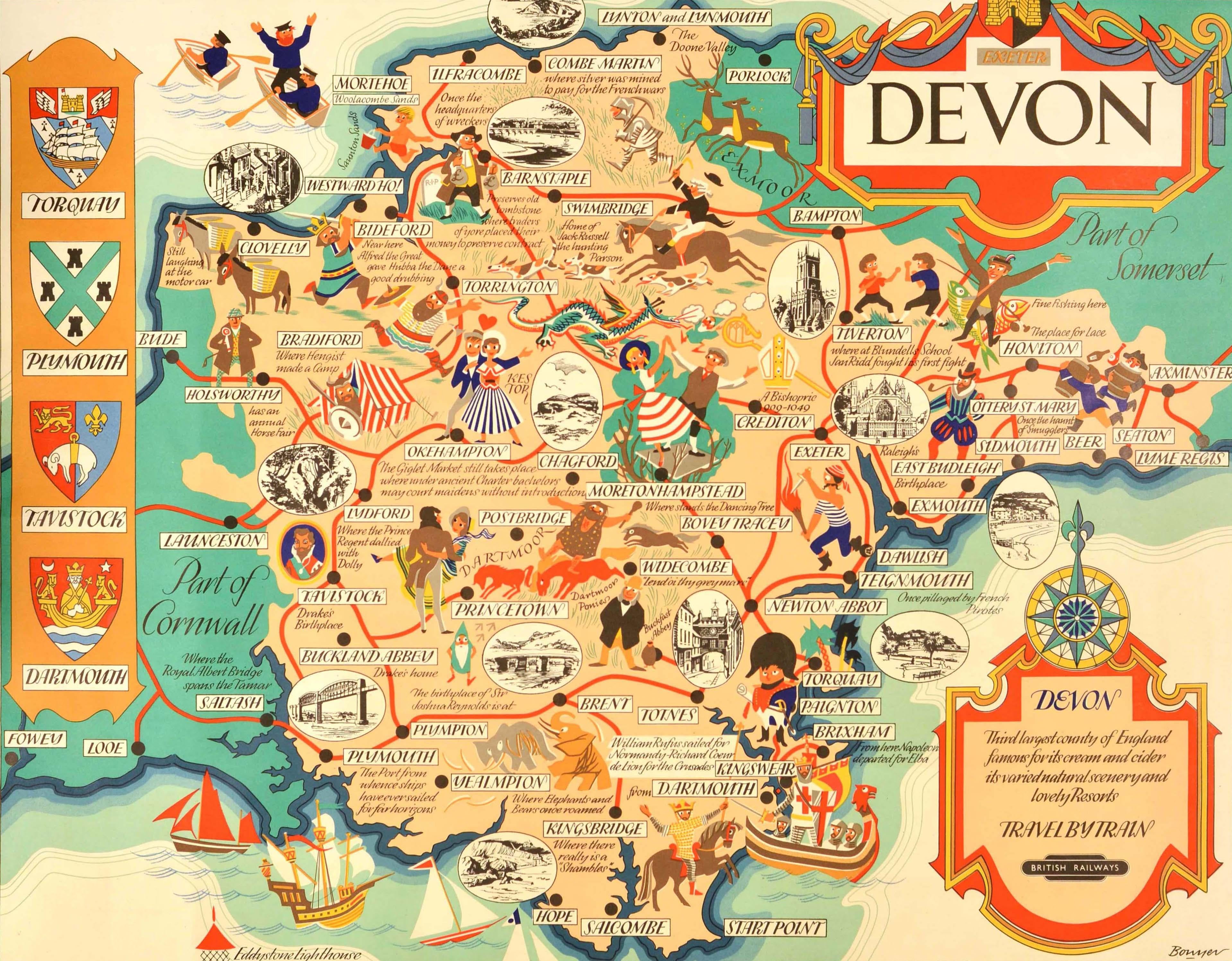 Original vintage Travel By Train British Railways poster - Devon Third largest county of England famous for its cream and cider its varied natural scenery and lovely resorts - featuring a fun and colourful pictorial map of Devon between Somerset and