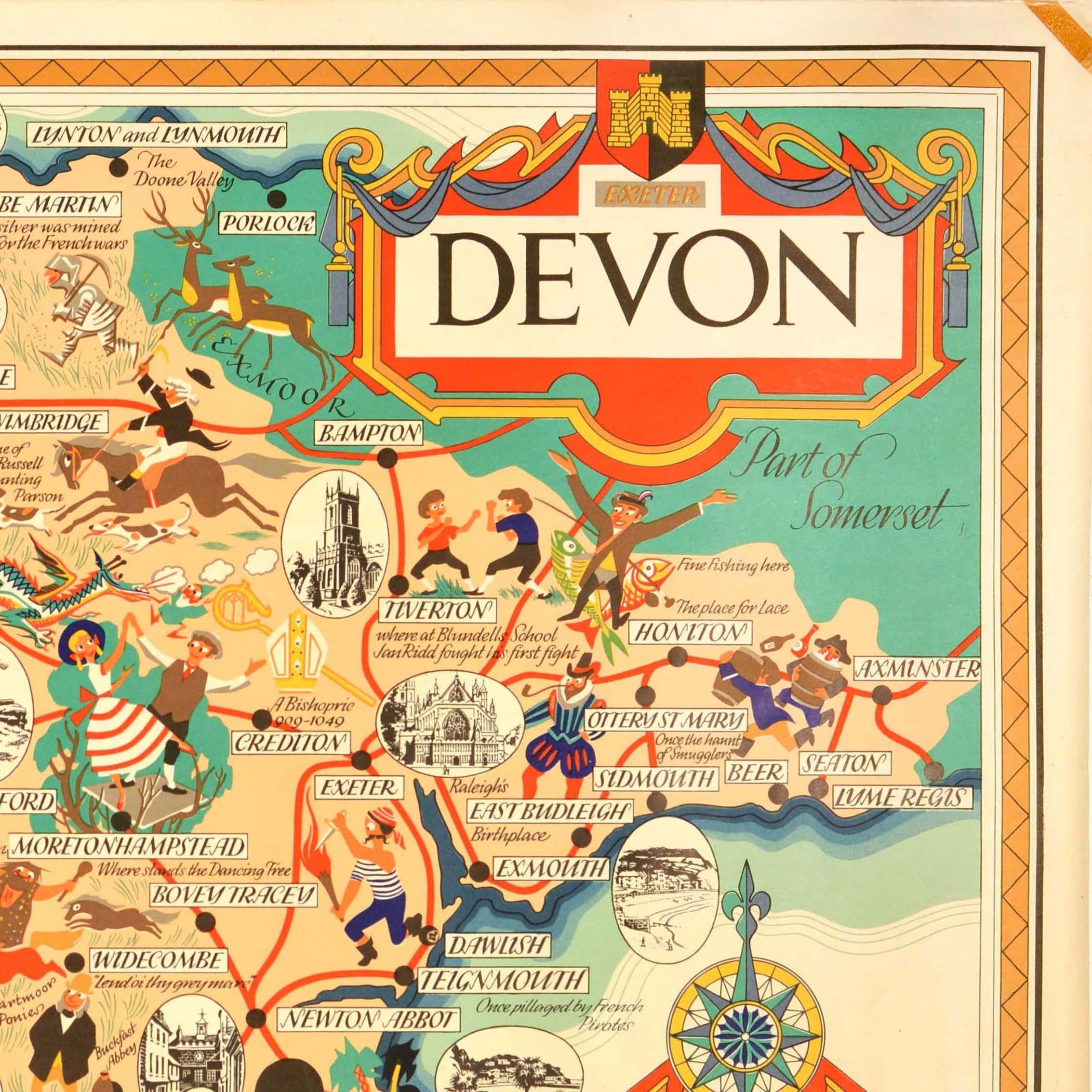 Mid-20th Century Original Vintage British Railways Train Travel Poster Devon Pictorial Map UK For Sale