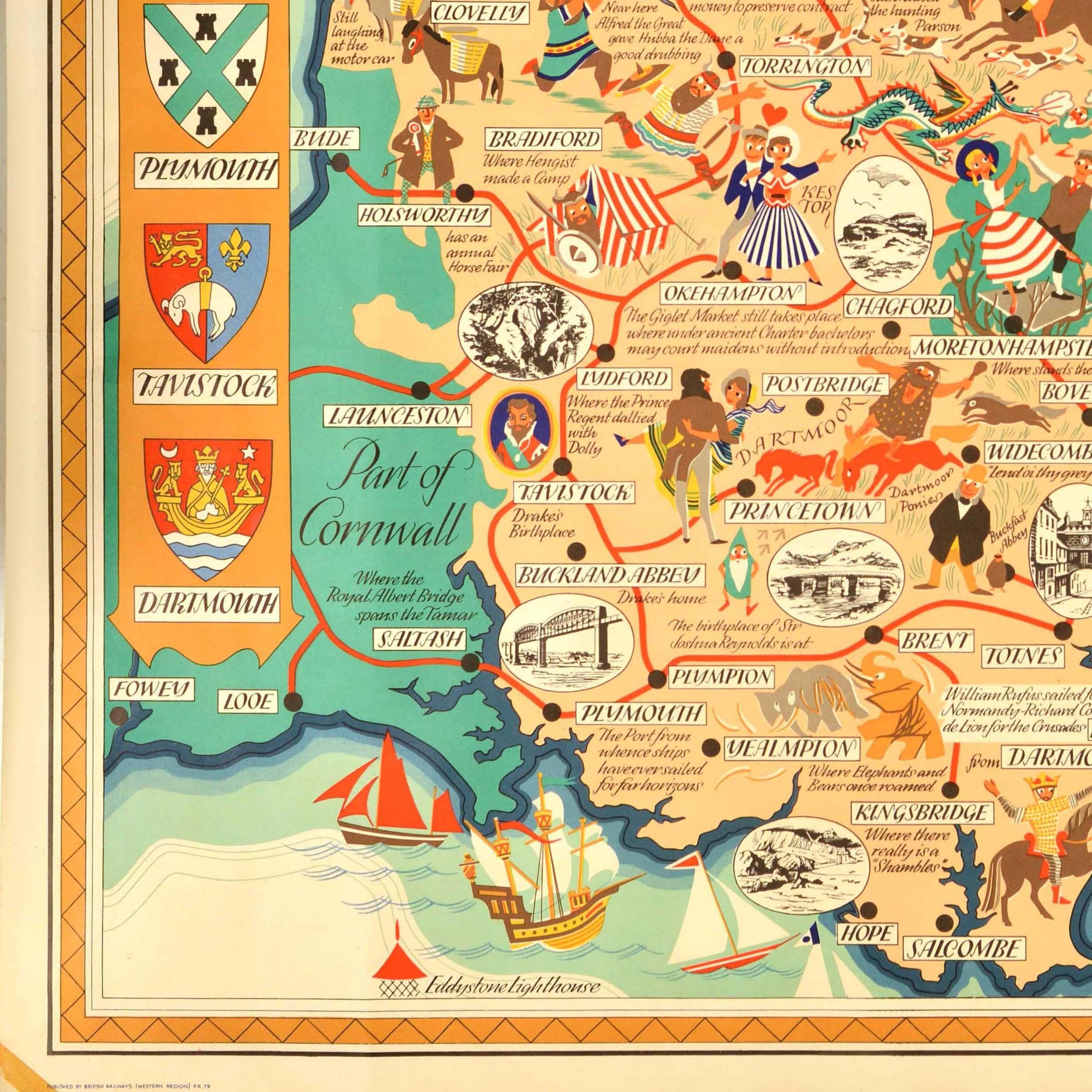 Paper Original Vintage British Railways Train Travel Poster Devon Pictorial Map UK For Sale