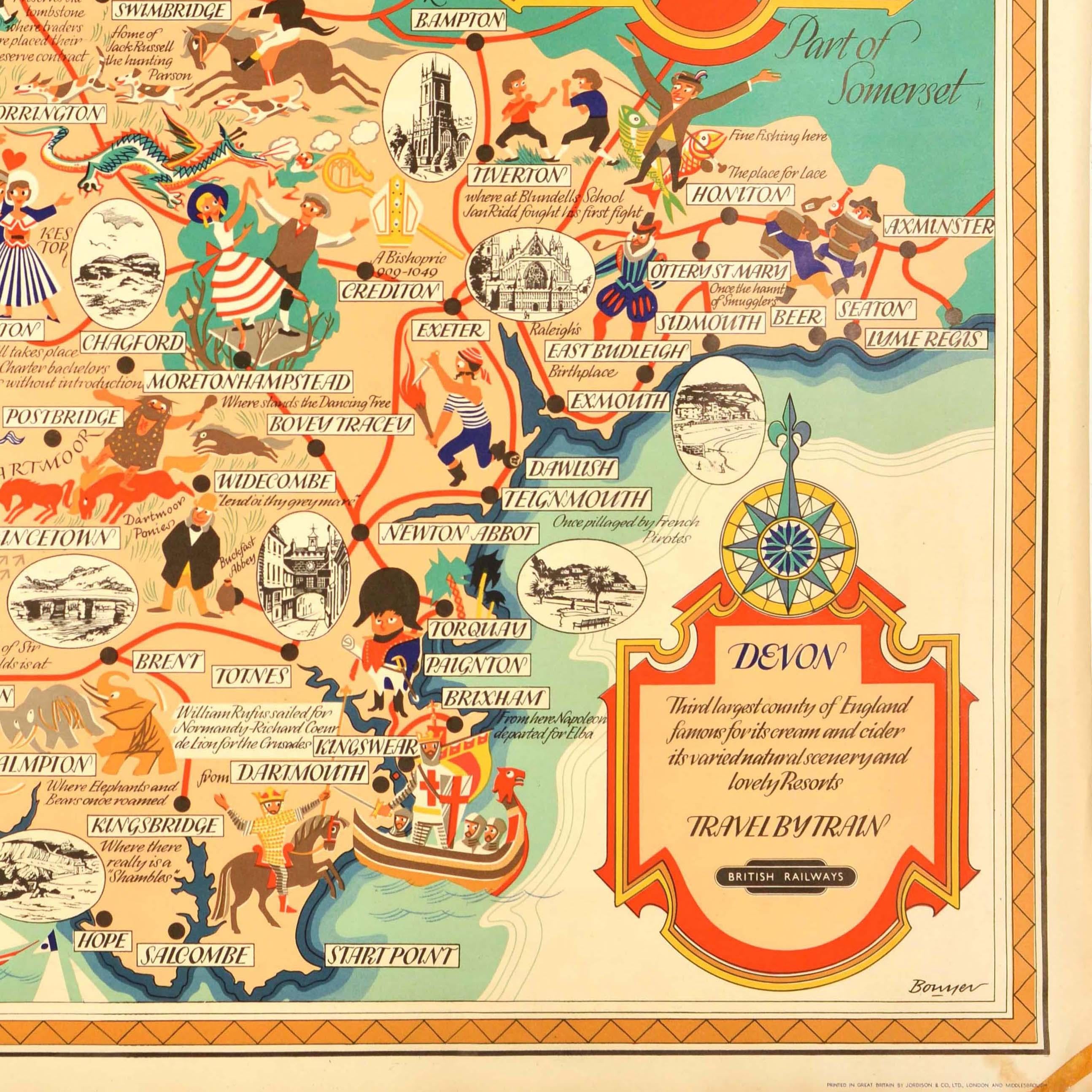 Original Vintage British Railways Train Travel Poster Devon Pictorial Map UK For Sale 1