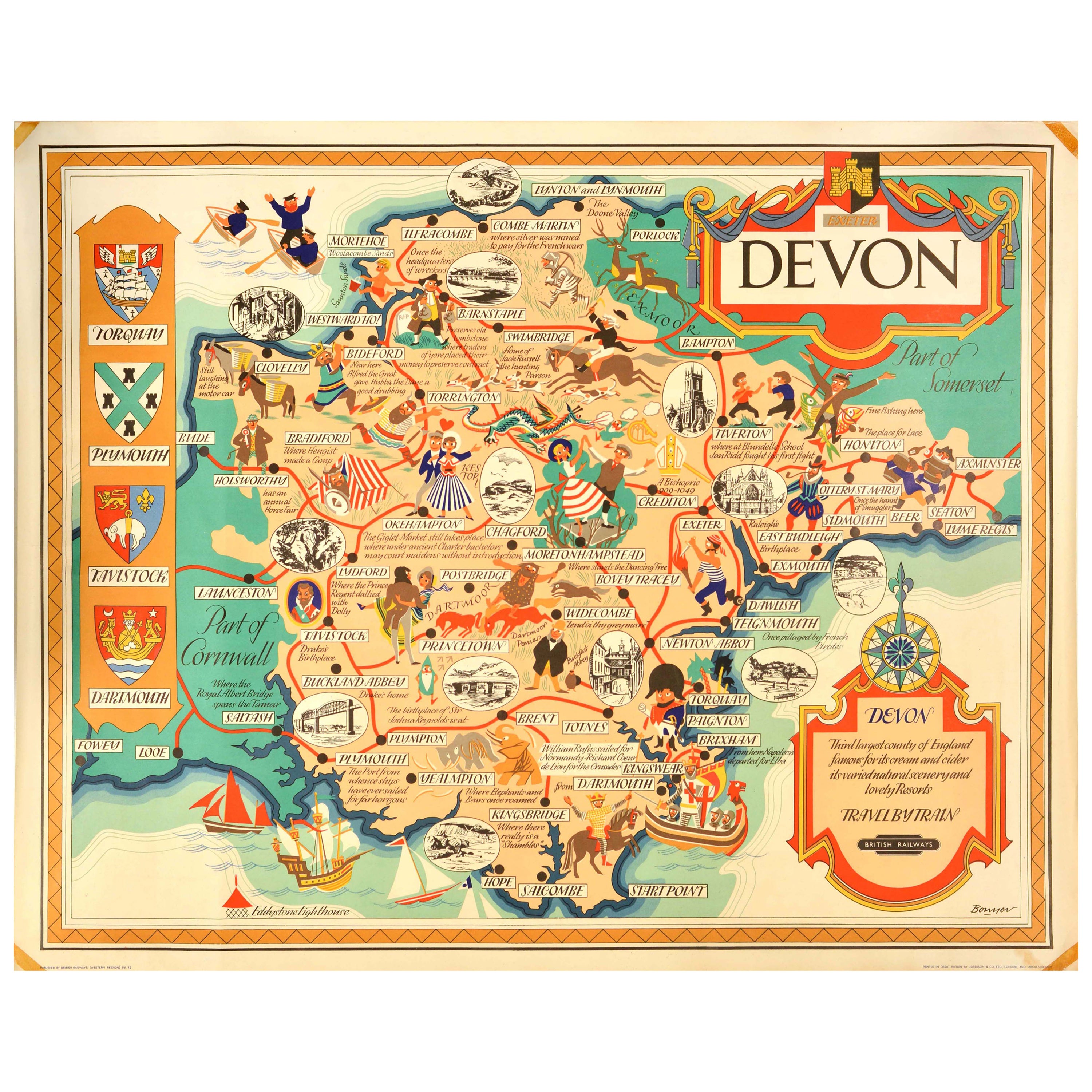 Poster originale d'epoca delle ferrovie britanniche per il viaggio in treno, mappa pittorica del Devon, Regno Unito
