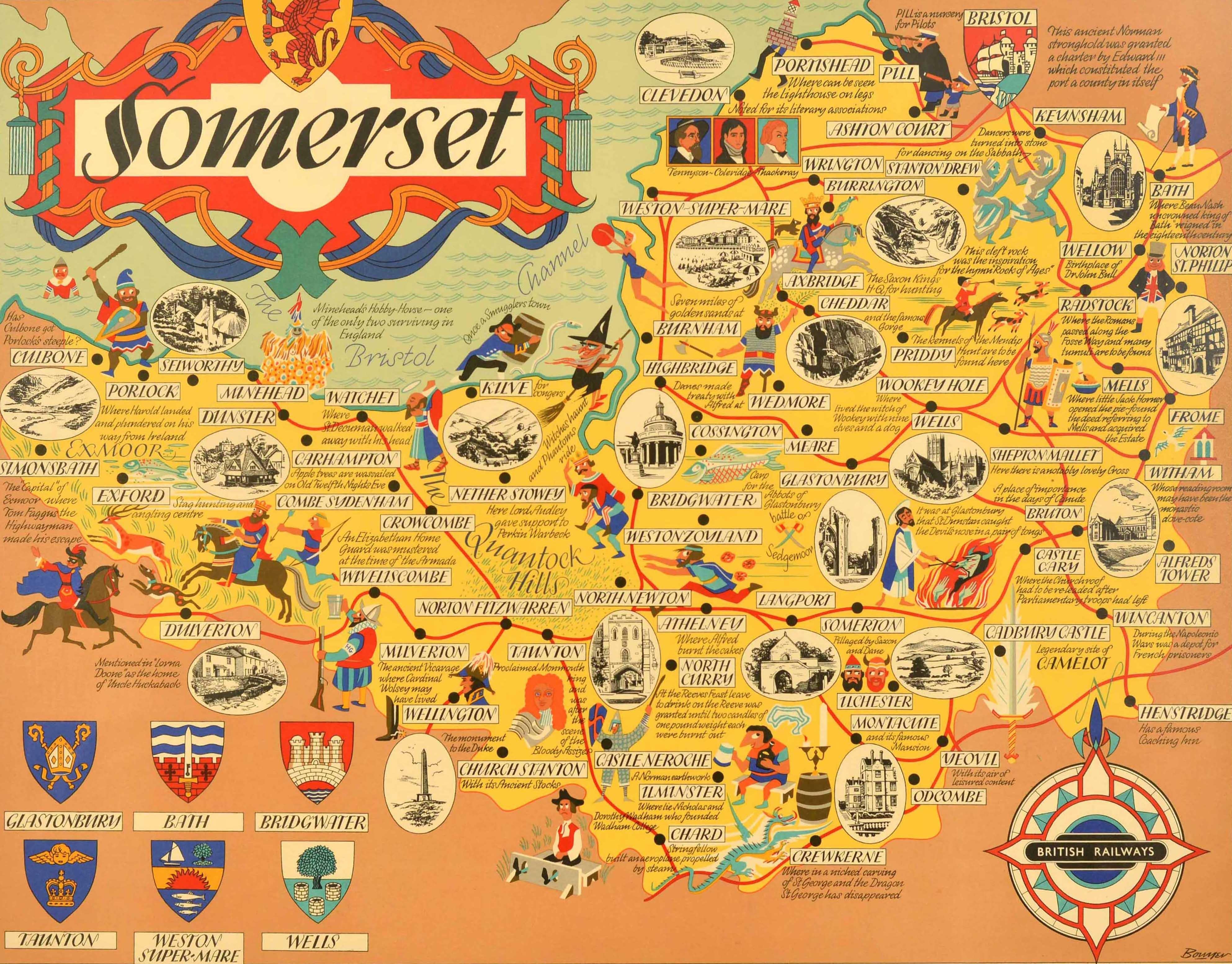 Original vintage British Railways poster for Somerset in South West England featuring a fun and colourful pictorial map with illustrations and descriptions of ancient myths and legends, traditions and nursery rhyme characters, notable people and