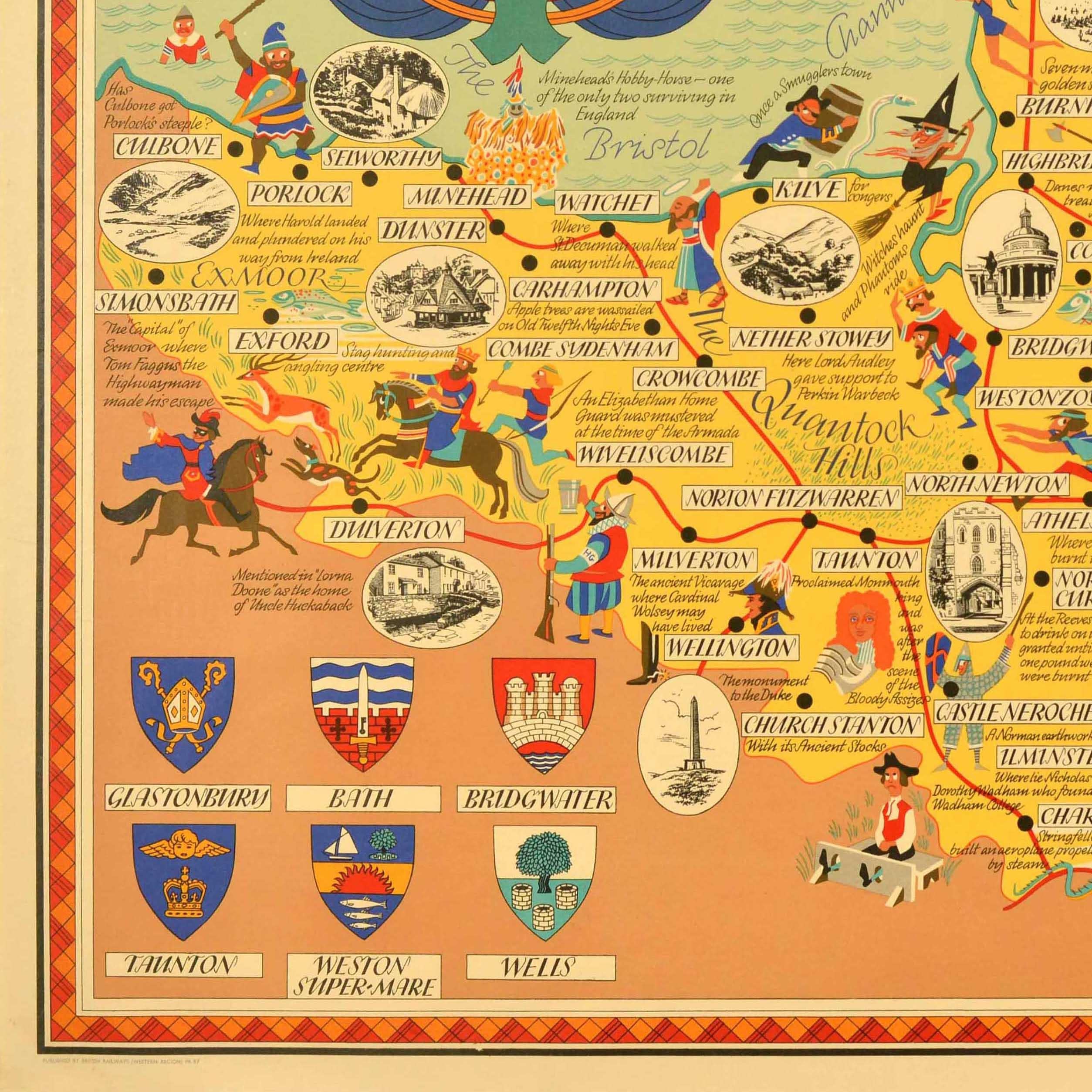 Paper Original Vintage British Railways Train Travel Poster Somerset Pictorial Map UK For Sale