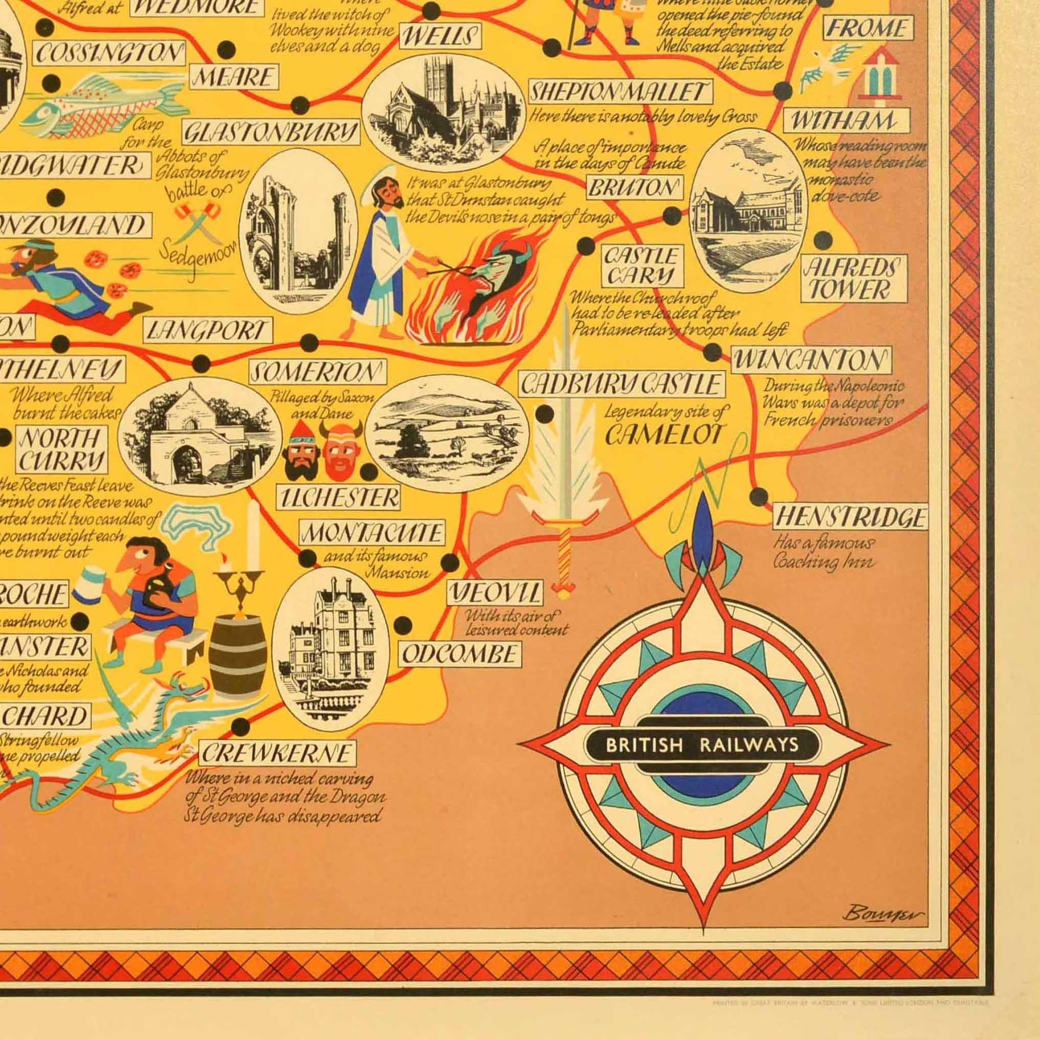 Original Vintage British Railways Train Travel Poster Somerset Pictorial Map UK In Good Condition For Sale In London, GB