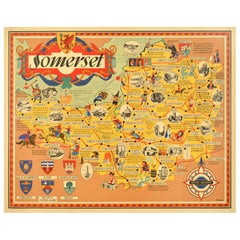 Original Vintage British Railways Train Travel Poster Somerset Pictorial Map UK