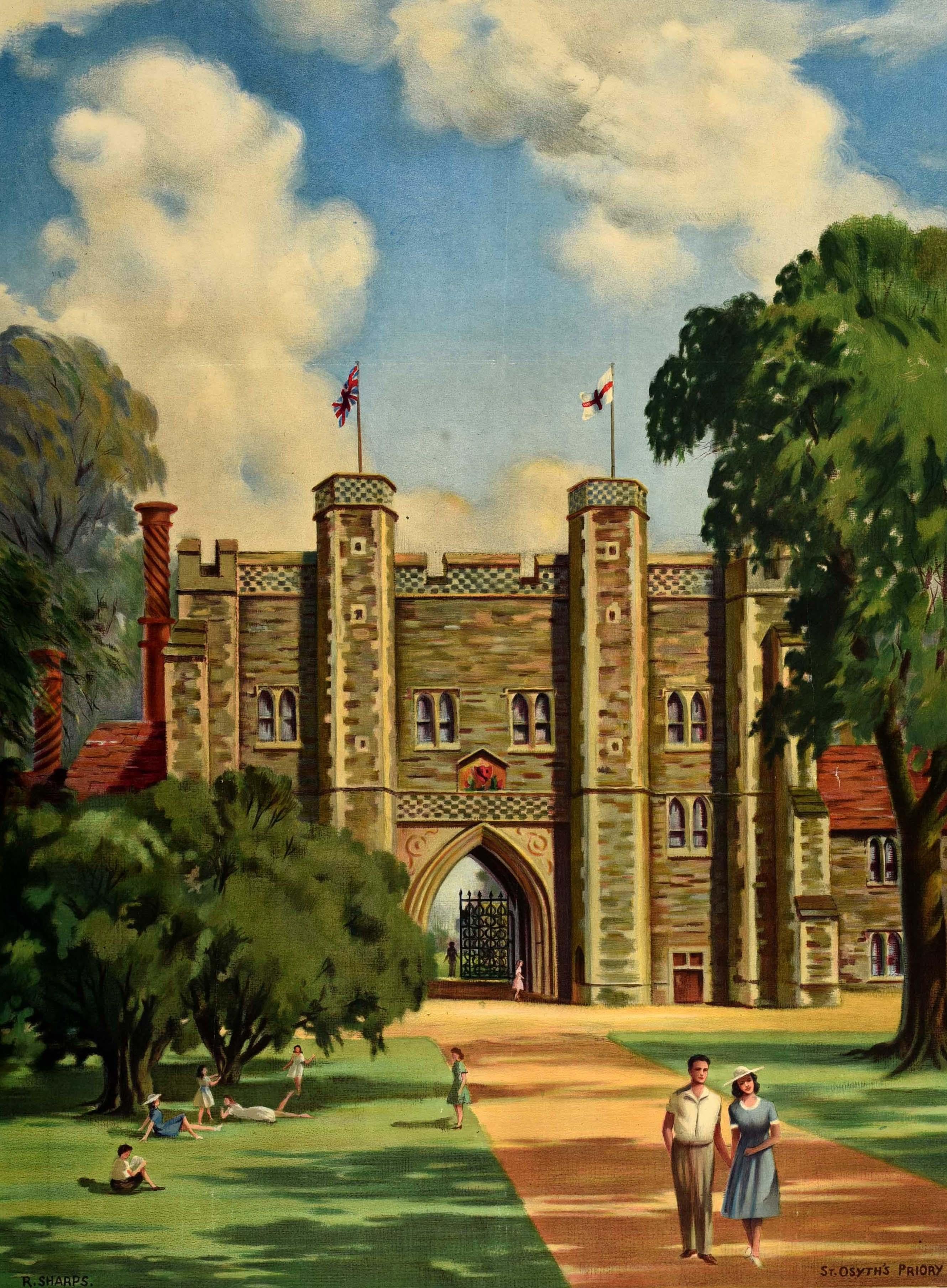 Original vintage British Railways travel poster - Essex See England by Rail - featuring a great image of St. Osyth's Priory depicting a lady and man walking along a path towards the viewer with people relaxing and children playing on the grass under