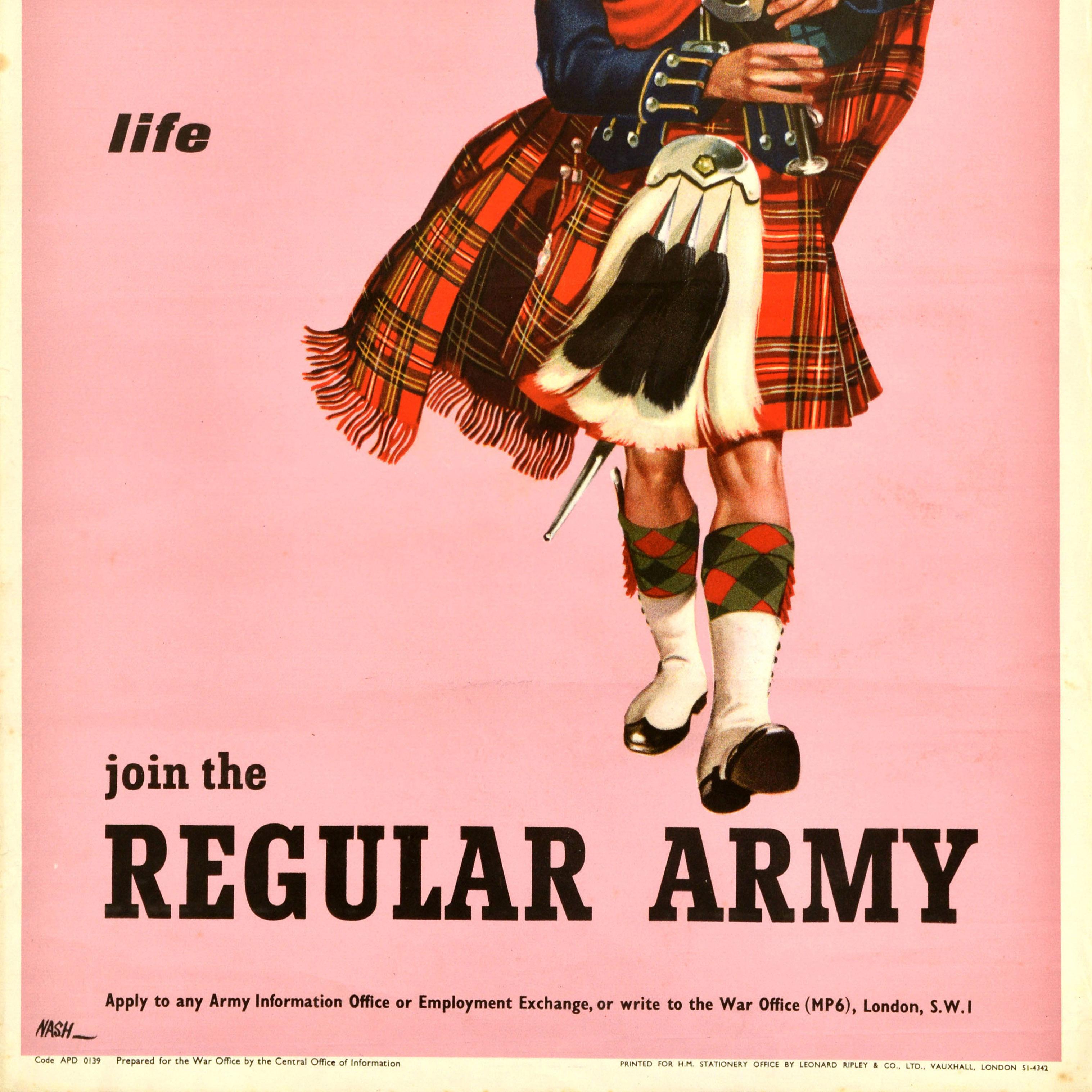 Britisches Rekrutierungsplakat „ Join The Regular Army“, schottisches Piper, Vintage (Mitte des 20. Jahrhunderts) im Angebot