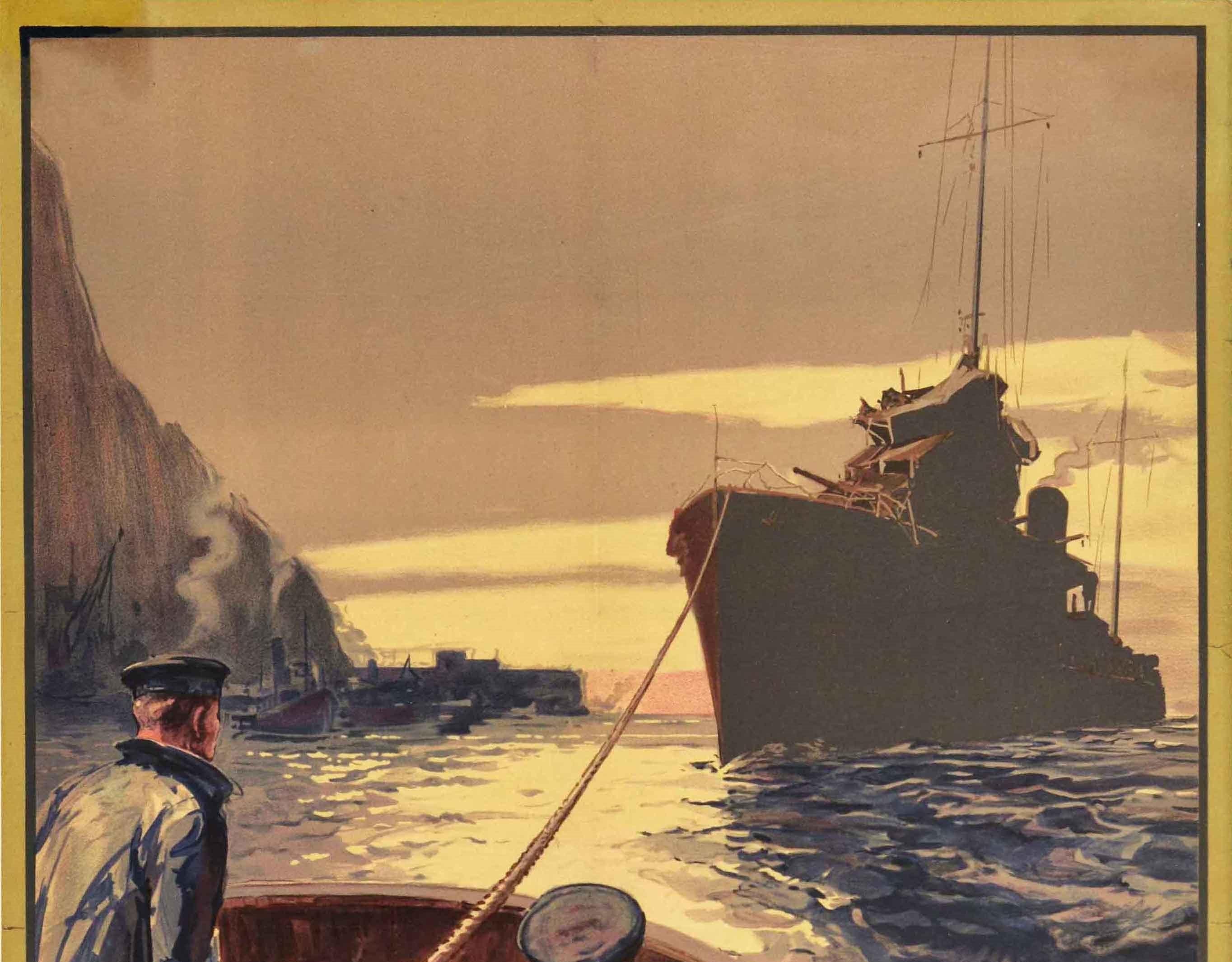 Original vintage World War Two poster featuring artwork of two sailors on a boat with a tow rope leading to a large naval ship on a choppy sea with a dramatic sky in the background, the bold text below: Your Tow Ropes - Their Home Tie. Ministry of