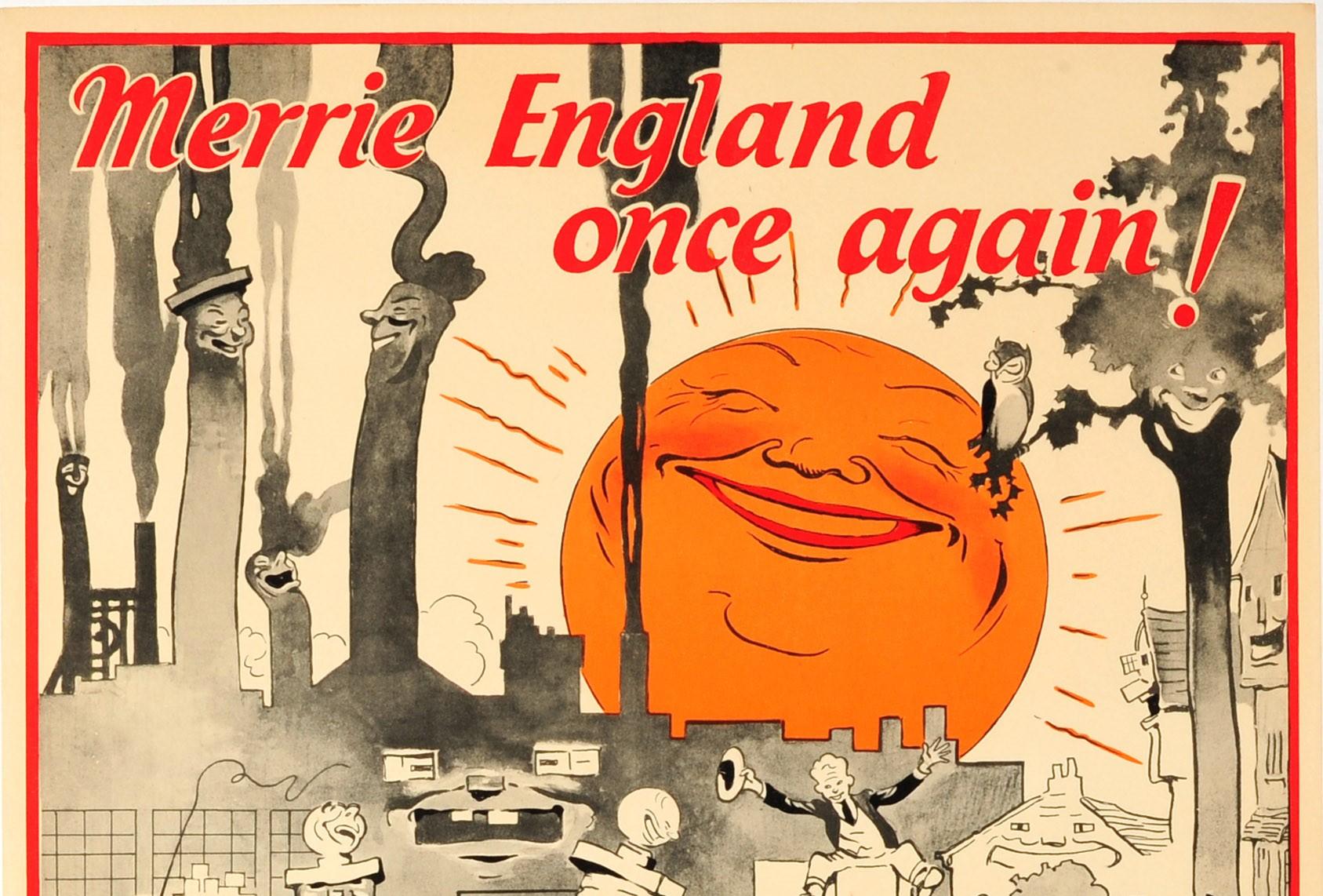 Original vintage advertising poster - Merrie England once again! Buy British and put a smile back into British trade - featuring a great illustration of a bright orange sun smiling over a black and white scene of people exporting British goods from