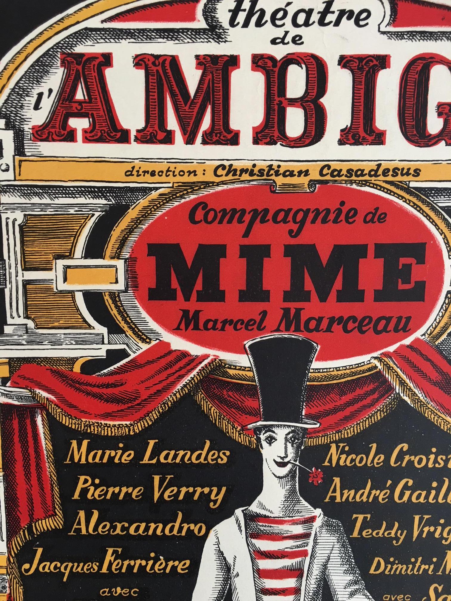 Art Nouveau Original Vintage Cabaret and Theatre Lithograph Poster, 'Marcel Marceau', 1950