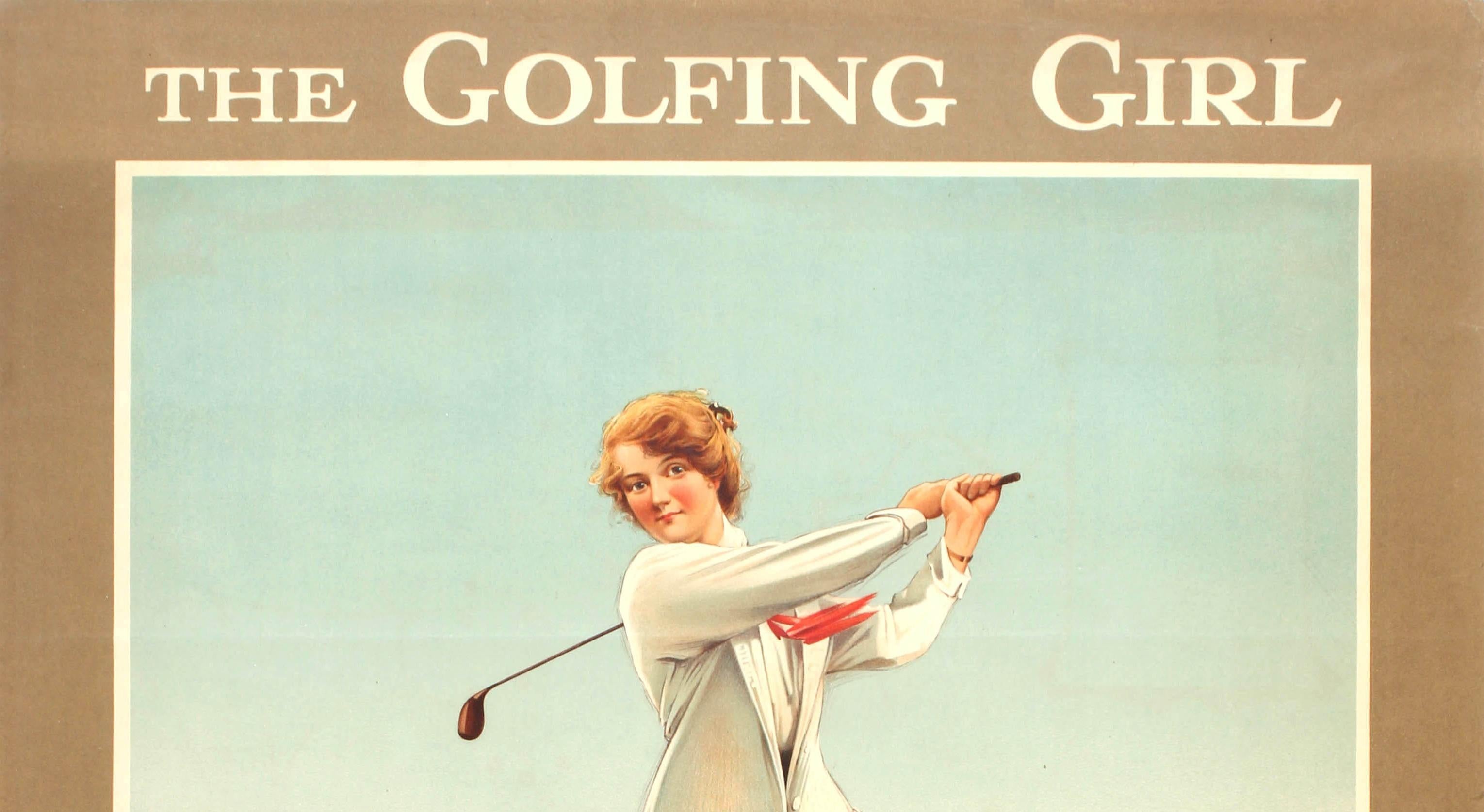 Original vintage travel advertising poster: The Golfing Girl – A braw 'brassie' on The True Line. The golfing girl and her golfing friends acquire their healthy glow and happy buoyancy on the sporting and picturesque golf courses served by The