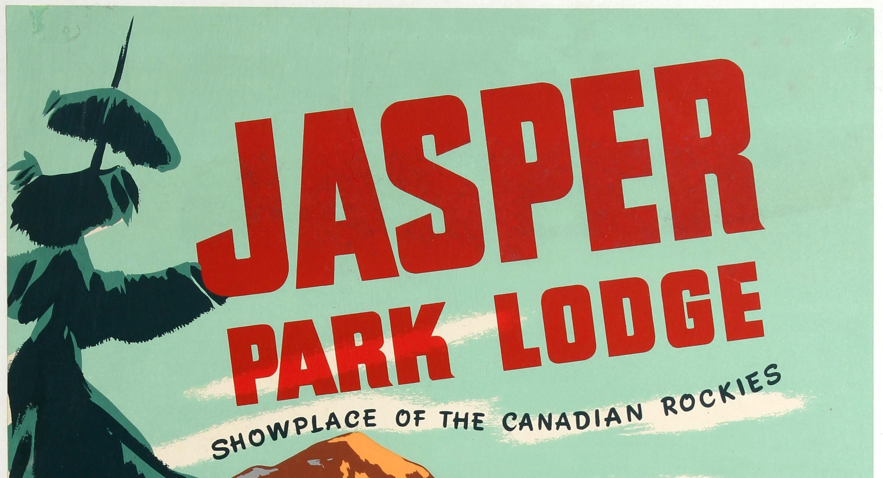 Original vintage travel poster for Jasper Park Lodge showplace of the Canadian Rockies, Canadian National The Railway to Everywhere in Canada, featuring a colourful image of a lady wearing a yellow checked jacket and riding trousers leading a horse