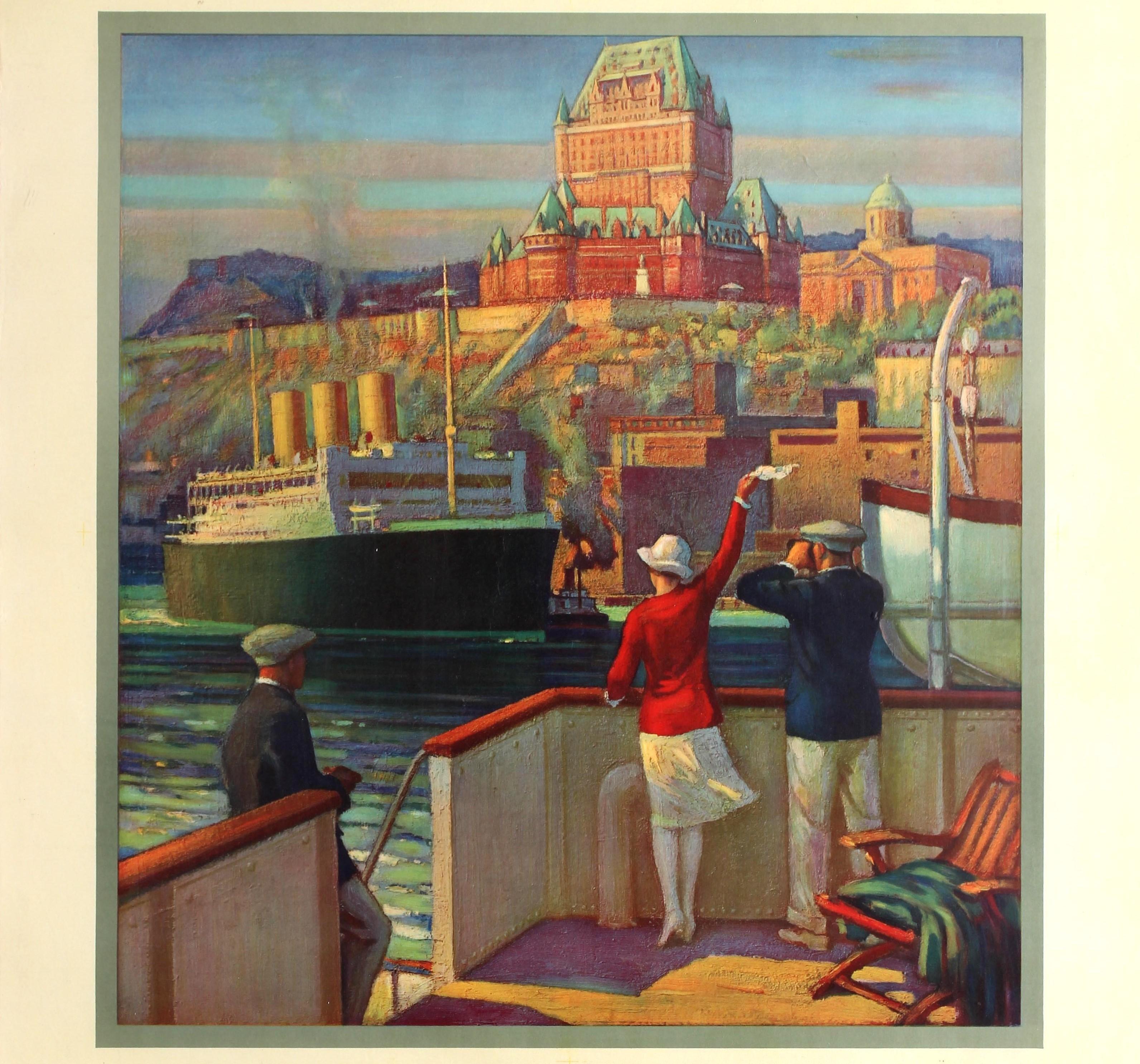 Original vintage Art Deco travel advertising poster: Empresses of the Atlantic - The Big Fast First Class Ships of The St. Lawrence Route to Europe - Canadian Pacific Steamships. Great artwork showing a stylish couple standing at the back of a ship