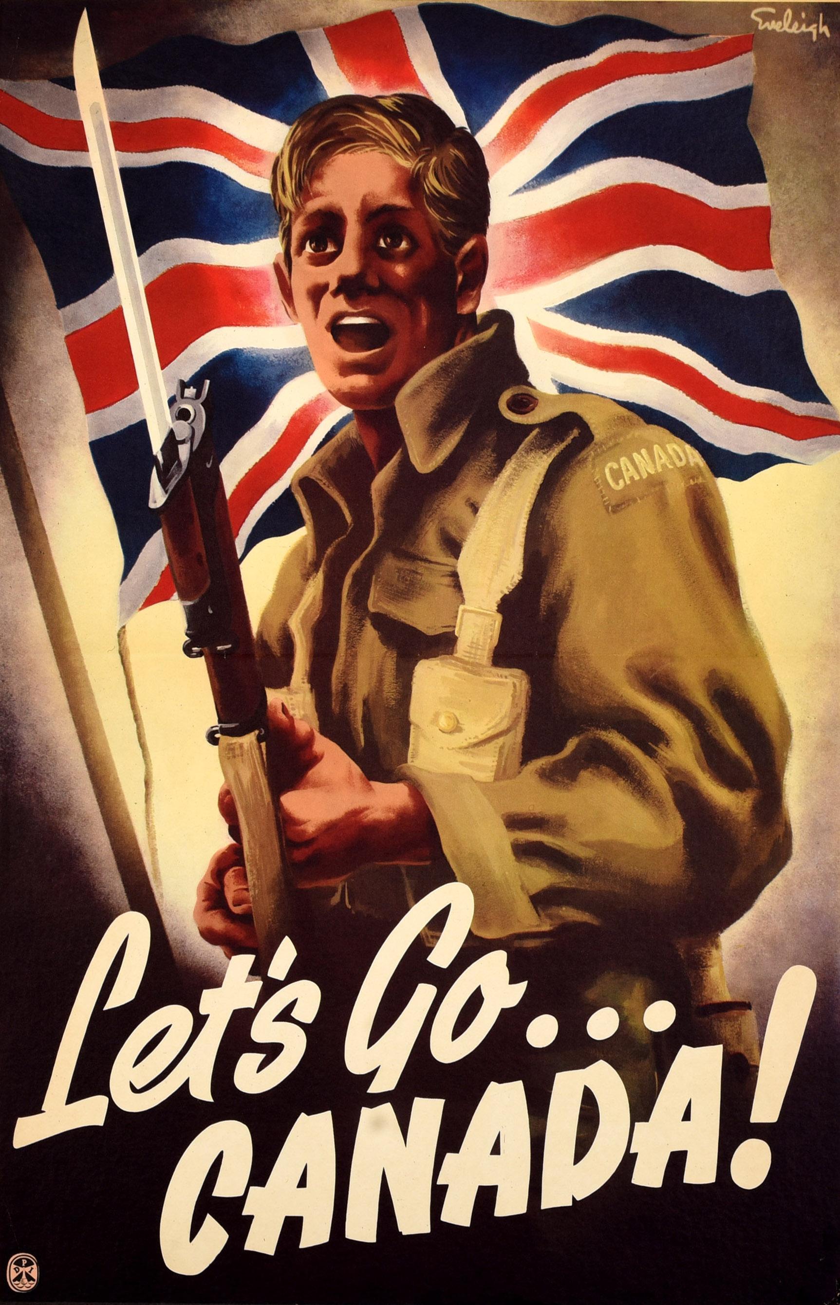 Original vintage Canadian World War Two propaganda poster - Let's Go... Canada! - issued by the director of public information under the authority of Hon J.T Thorson Minister of National War Services Ottawa. Dynamic design depicting a soldier in a