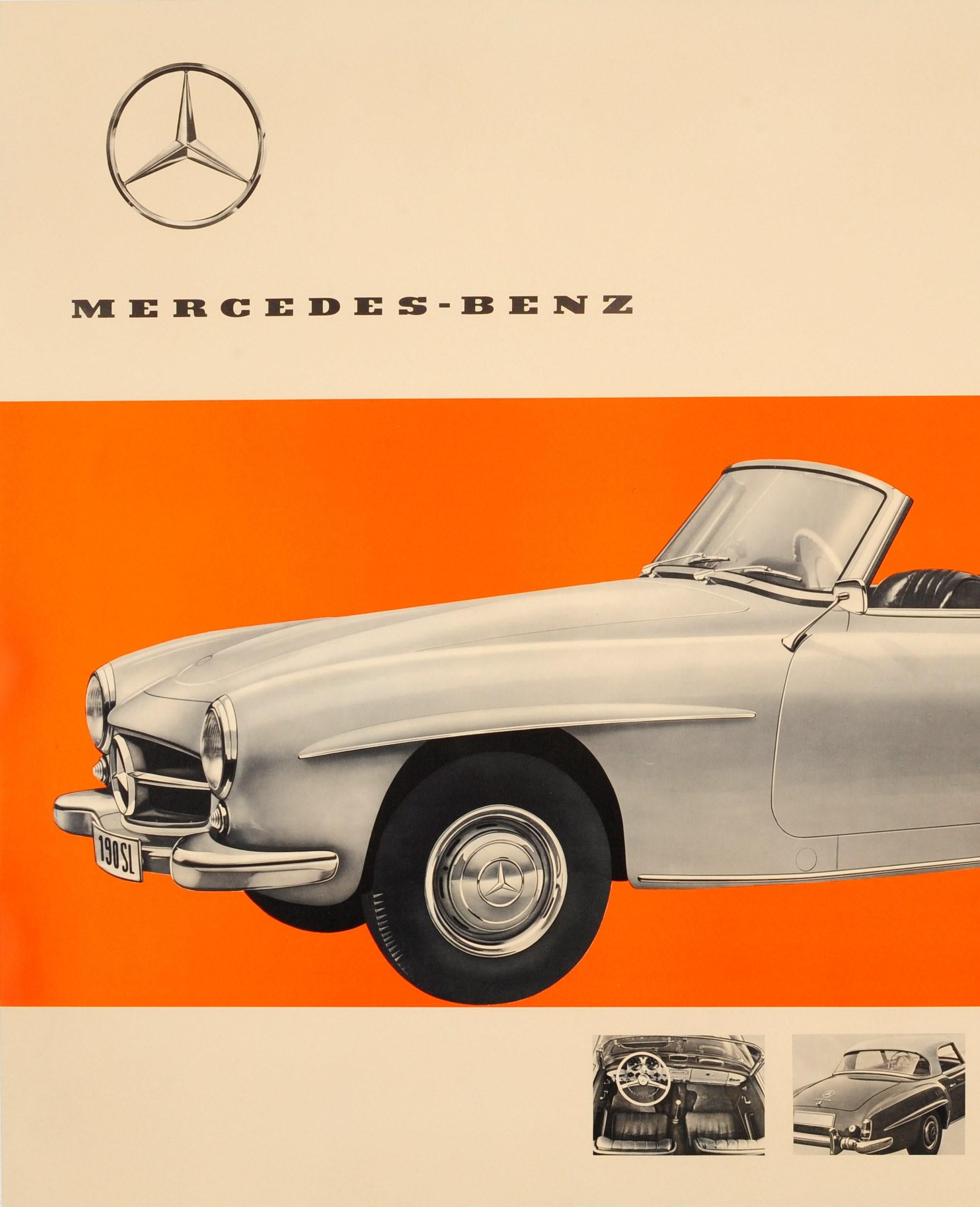 Original vintage car advertising poster for the German manufactured Mercedes Benz 190 SL (1995-1963) featuring a black and white photo of the stylish two-door luxury roadster against a colorful stripe with more images below showing the interior of