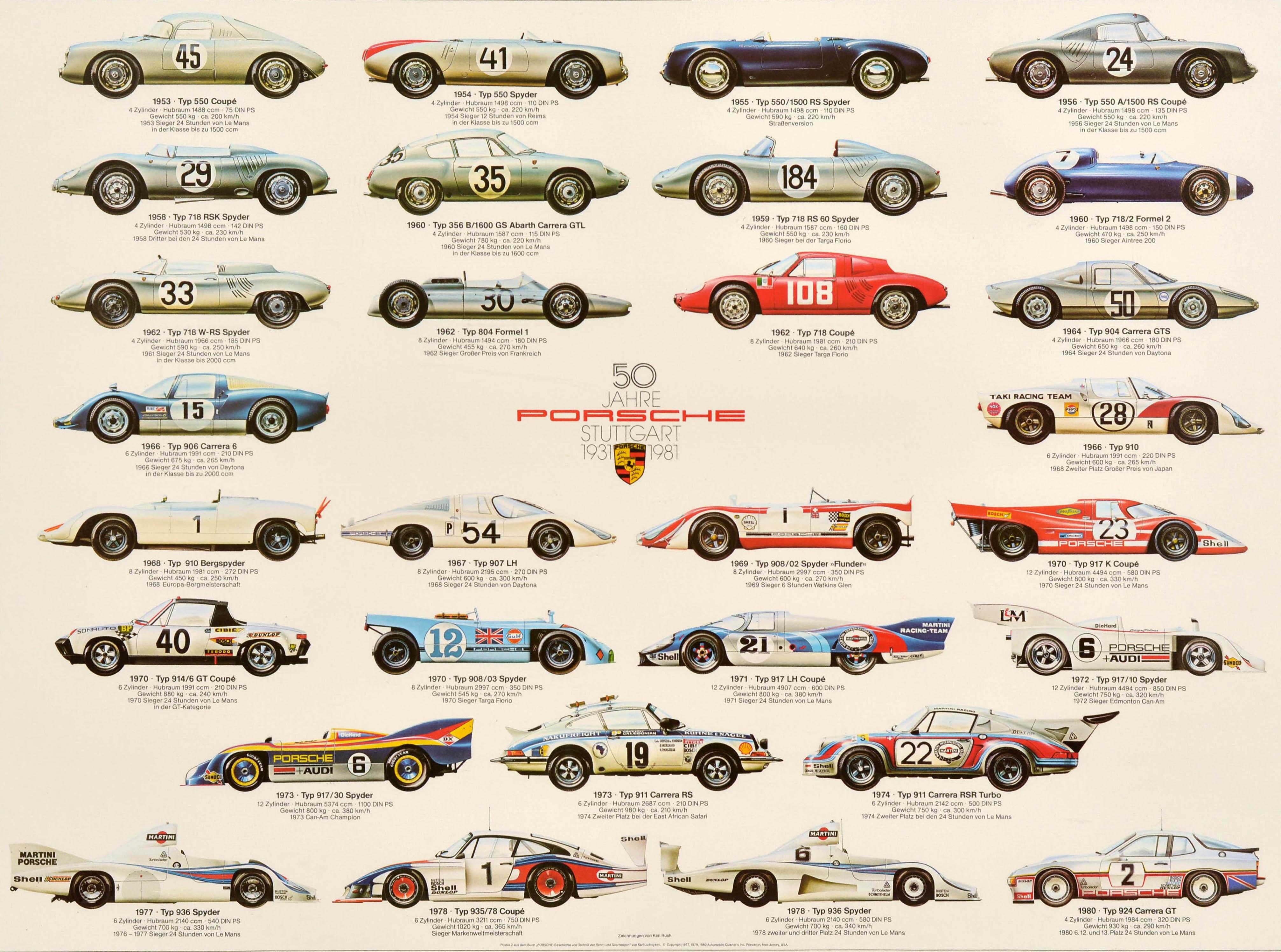 Original vintage commemorative poster for the 50th anniversary of the German car manufacturer Porsche (1931-1981) featuring a colourful and informative design by Ken Rush showing 29 models of Porsche racing cars produced between 1953 and 1980 with