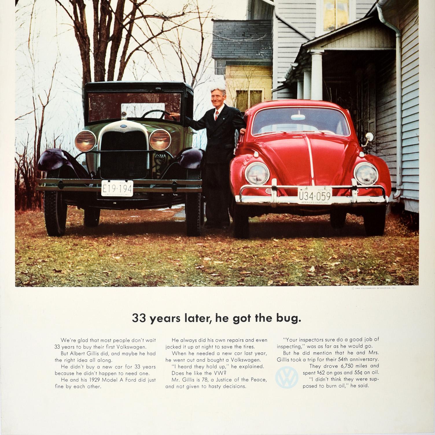 Poster pubblicitario originale per auto d'epoca Volkswagen Beetle 33 anni dopo Ford A In condizioni buone in vendita a London, GB
