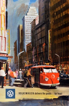 Original Vintage Car Advertising Poster Volkswagen Delivers The Goods Camper