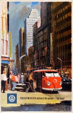 Original Vintage Car Advertising Poster Volkswagen Delivers The Goods Camper