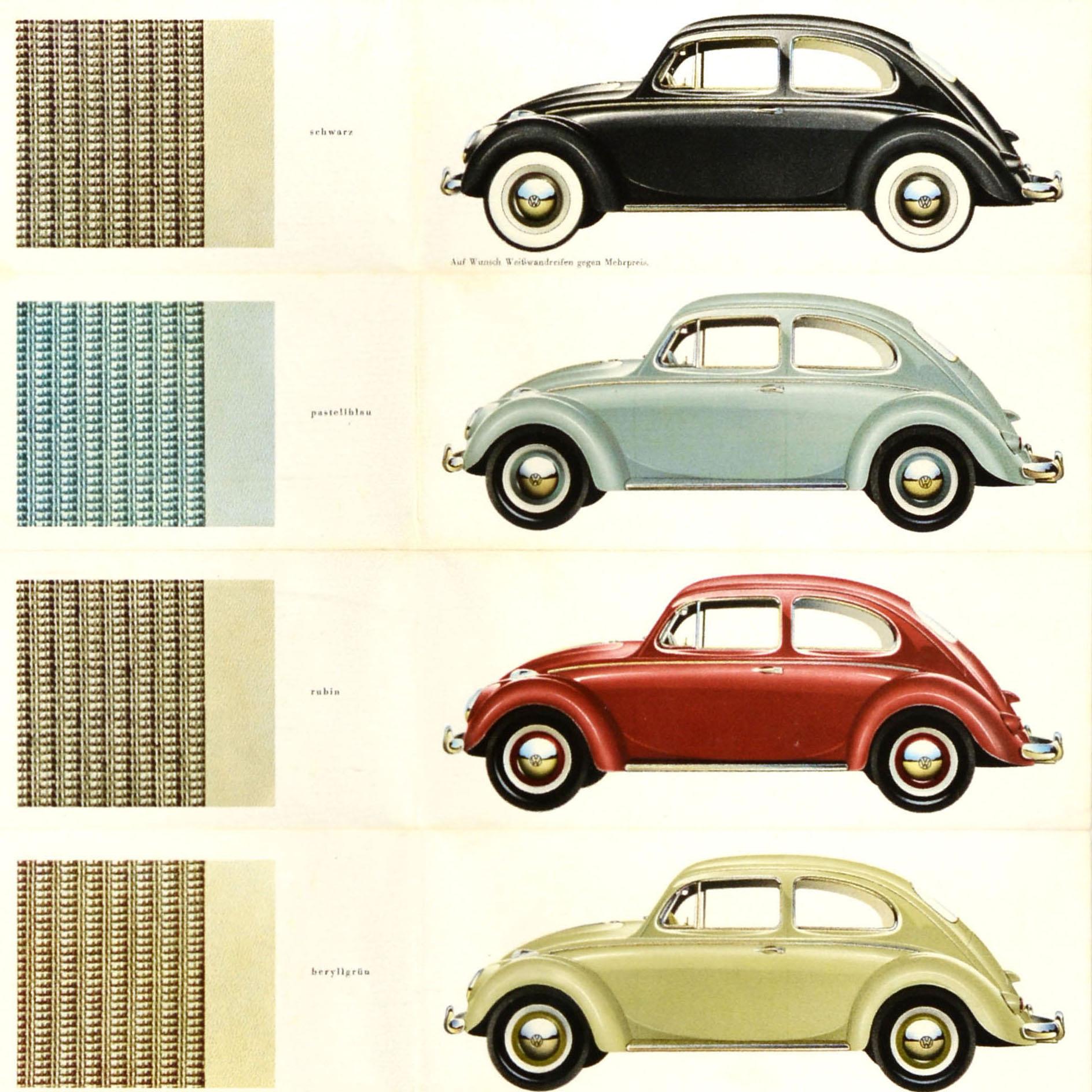 Affiche publicitaire originale de Volkswagen - VW Limousine - présentant des images de la voiture dans différentes couleurs dont le noir, le bleu pâle, le rouge rubis et le blanc perle avec une note - Auf wunsch Weißwandreifen gegen Mehrpreis /