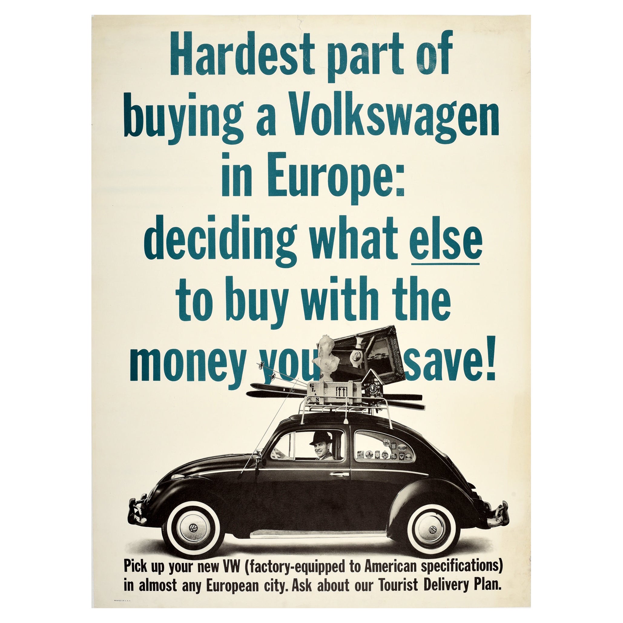Poster pubblicitario originale d
epoca della concessionaria Volkswagen Beetle Europe