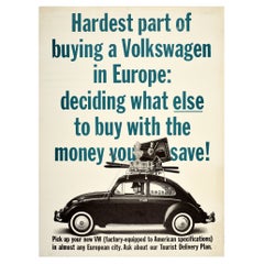Cartel publicitario original de época de concesionario de automóviles Volkswagen Escarabajo Europa