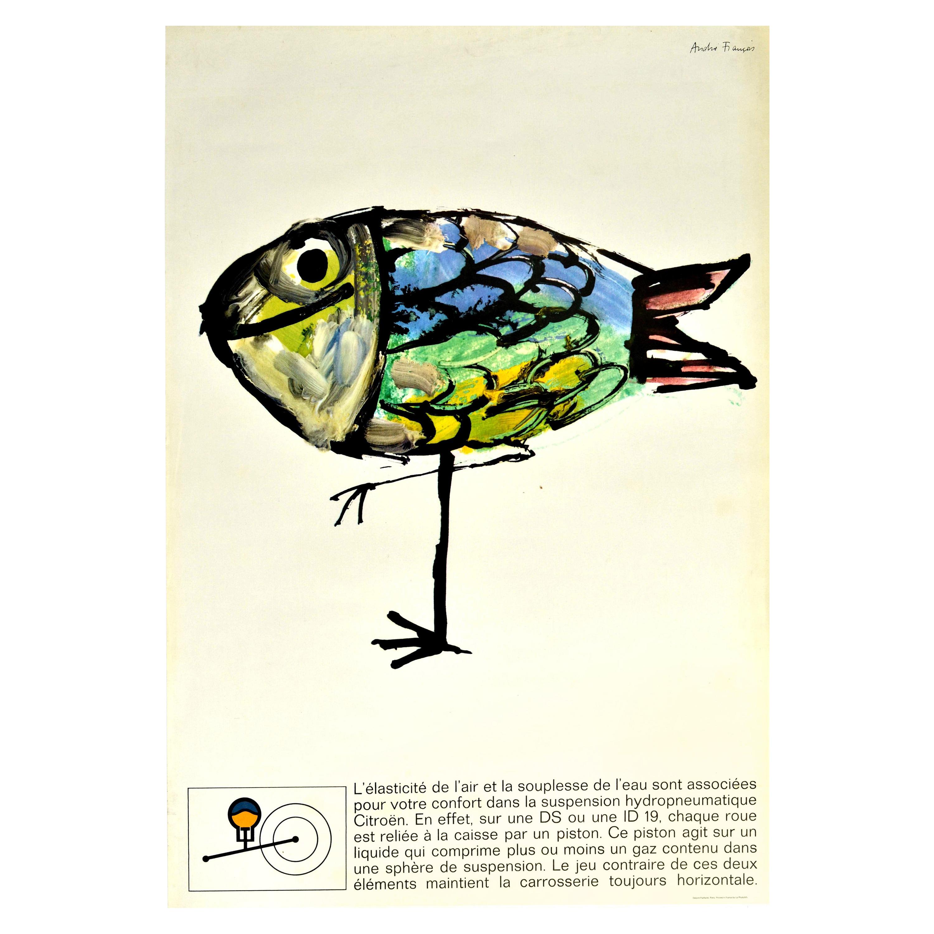 Original Vintage Car Poster Citroen DS ID19 Hydropneumatique Bird Fish Design