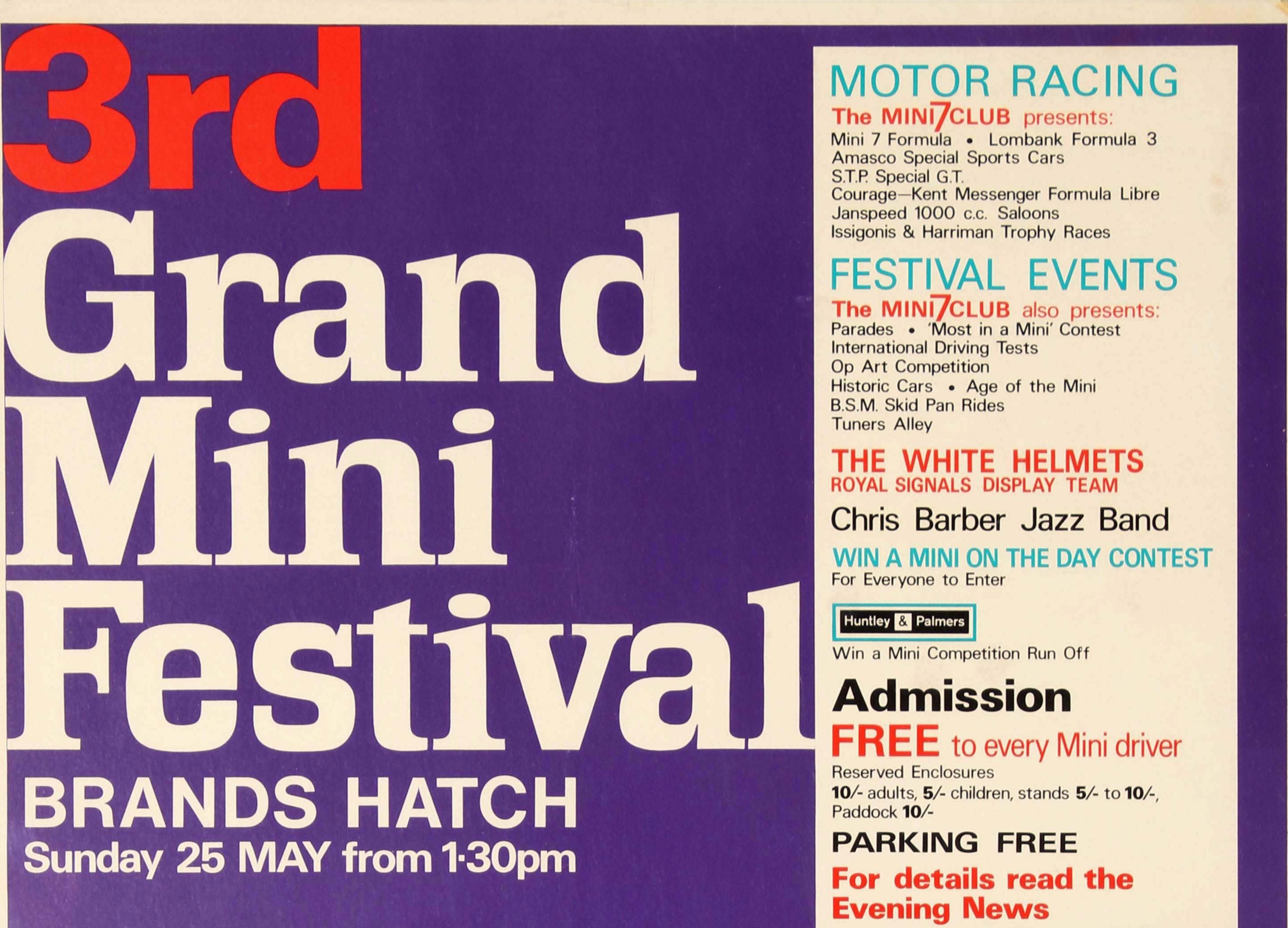 Original-Werbeplakat für das 3. Grand Mini Festival, das am Sonntag, den 25. Mai ab 13.30 Uhr auf der Rennstrecke von Brands Hatch stattfindet. Buntes Sixties-Design mit Mini-Autos und ihren Besitzern in verschiedenen Stilen - der Art-Mini in