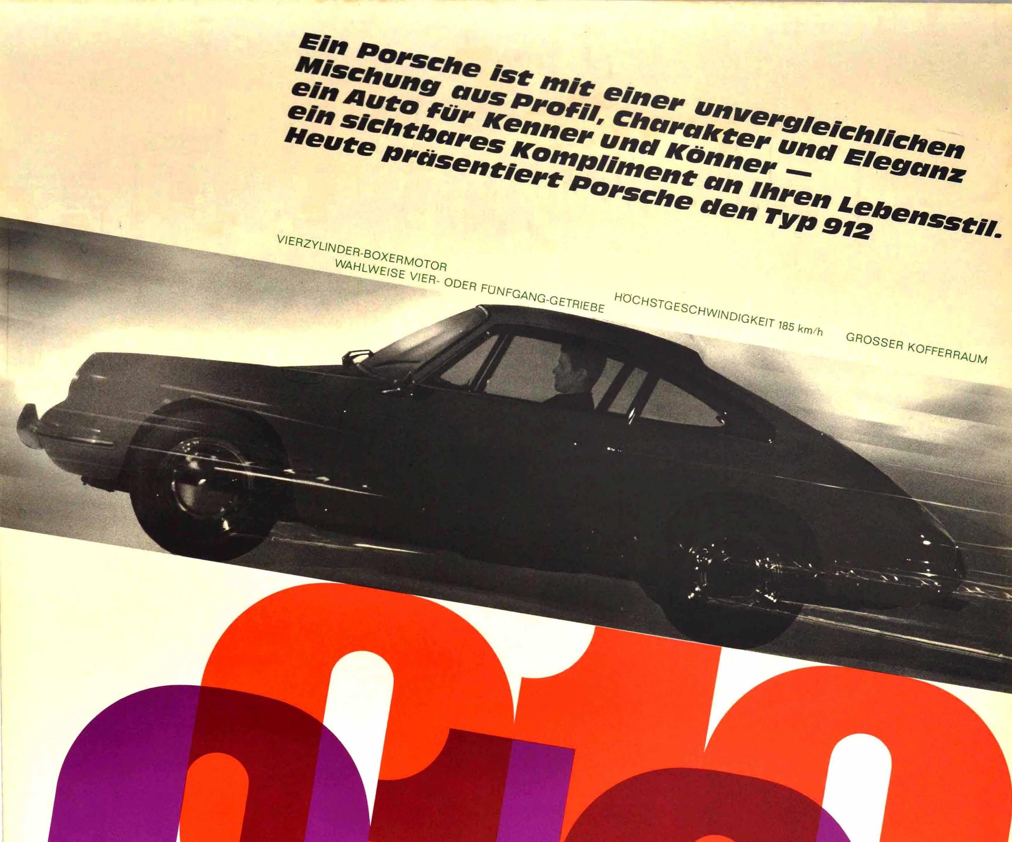 Original vintage car advertising poster for the Porsche 912 featuring a dynamic design depicting a black and white image of a driver in a Porsche car driving at speed diagonally above colourful overlaid numbers 912 and Porsche in black with the text