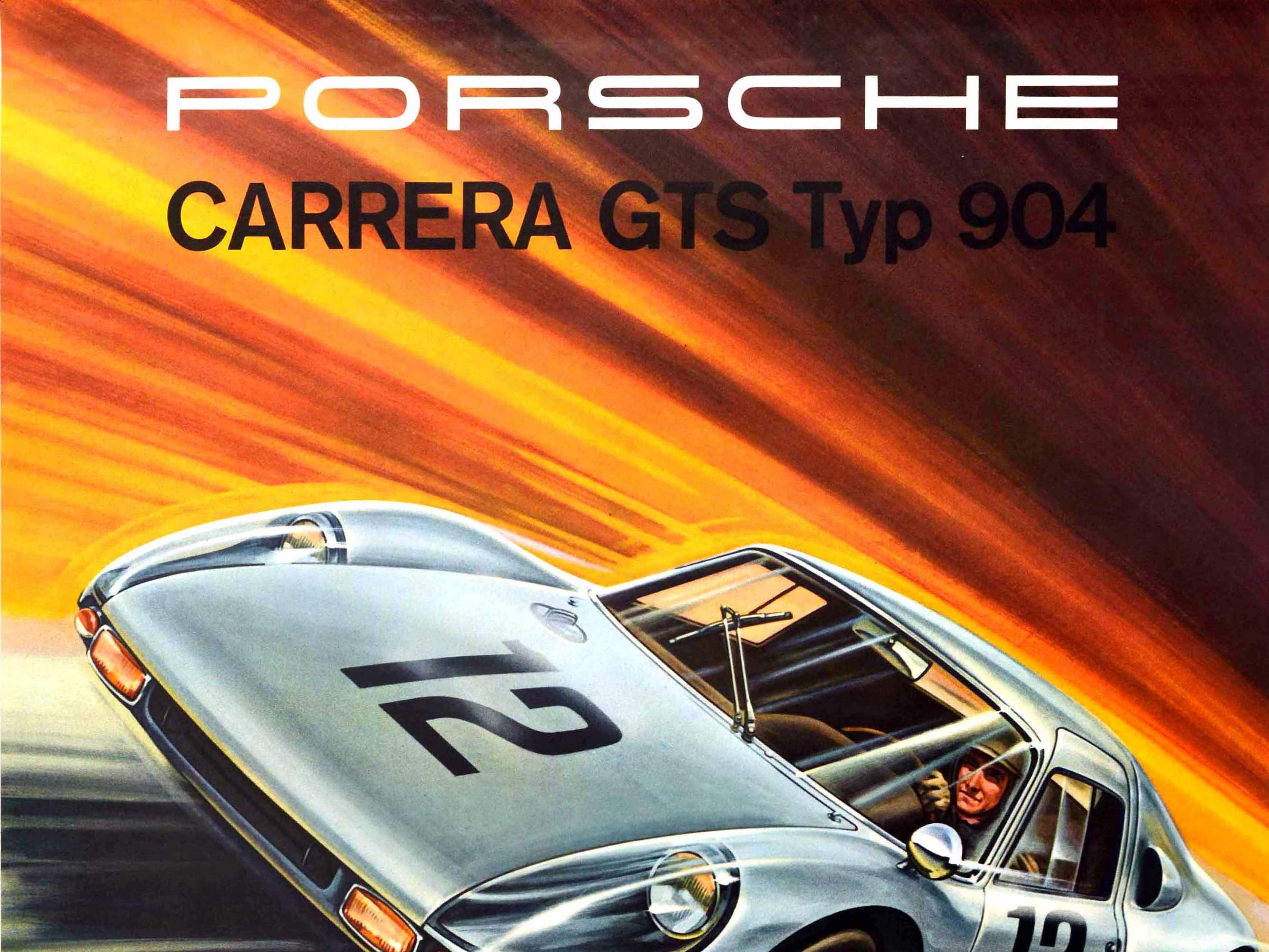 Original vintage motorsport poster for Porsche Carrera GTS Typ 904 featuring a dynamic design by Erich Strenger (1922-1993) of a driver in a Porsche car racing at speed in front of an orange and yellow blur background, the races listed below - 48