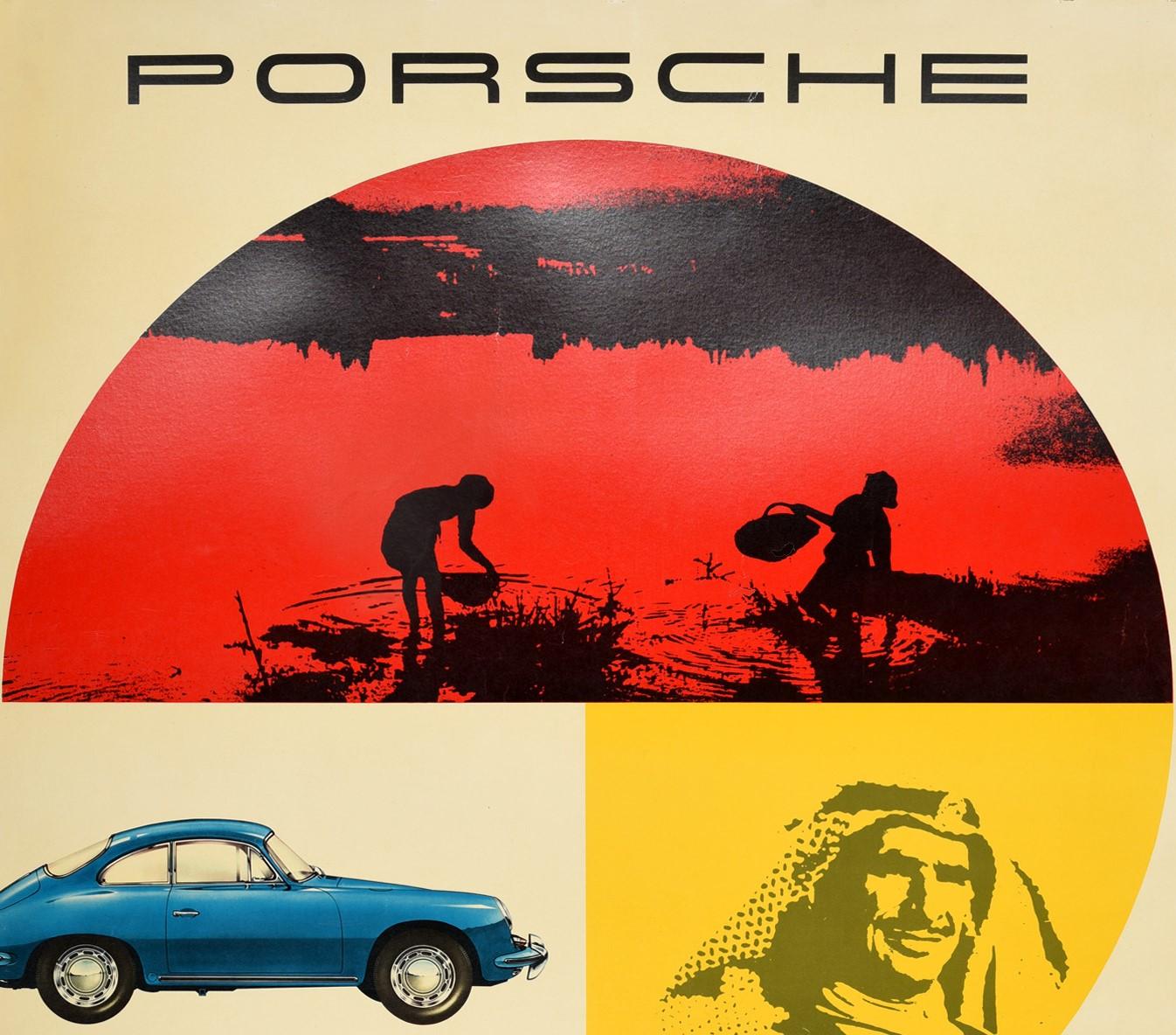 Original vintage car advertising poster for Porsche Service in aller Welt / throughout the World featuring a dynamic design of photographs depicting two people with baskets on a lake in red and black, a blue Porsche car, an Arab man against a yellow