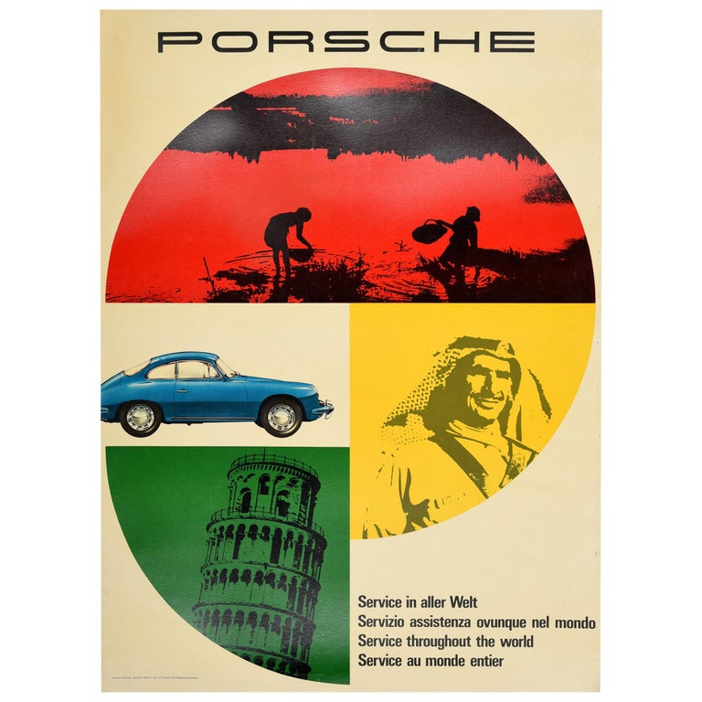 Original Vintage Car Poster Porsche Service In Aller Welt Throughout The World For Sale