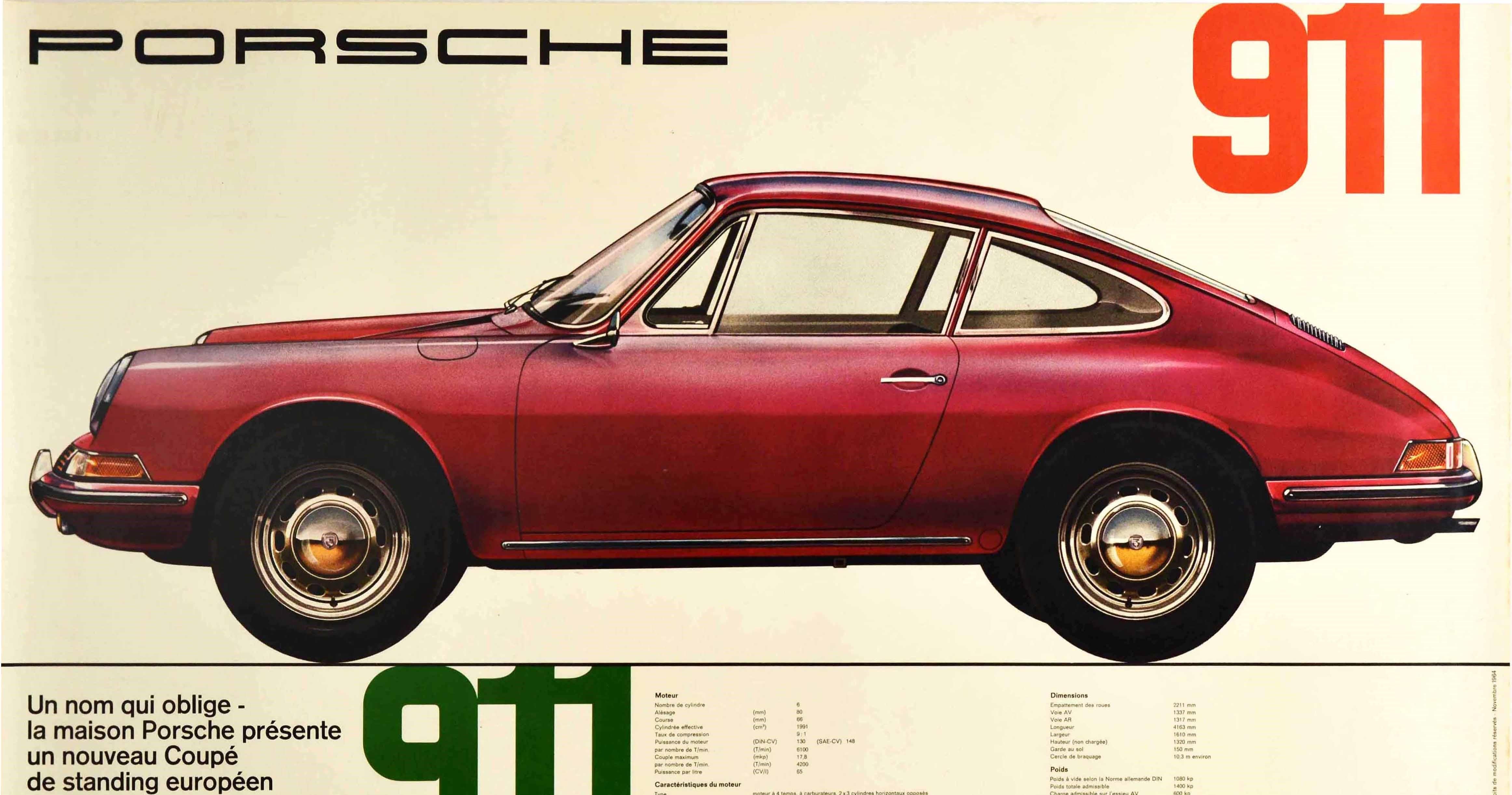 Original vintage advertising poster issued for Porsche car dealer showrooms to promote Porsche 911. The text reads: A name that obliges The Porsche house presents a new European standing Cup / Un nom qui oblige La maison Porsche presente un nouveau