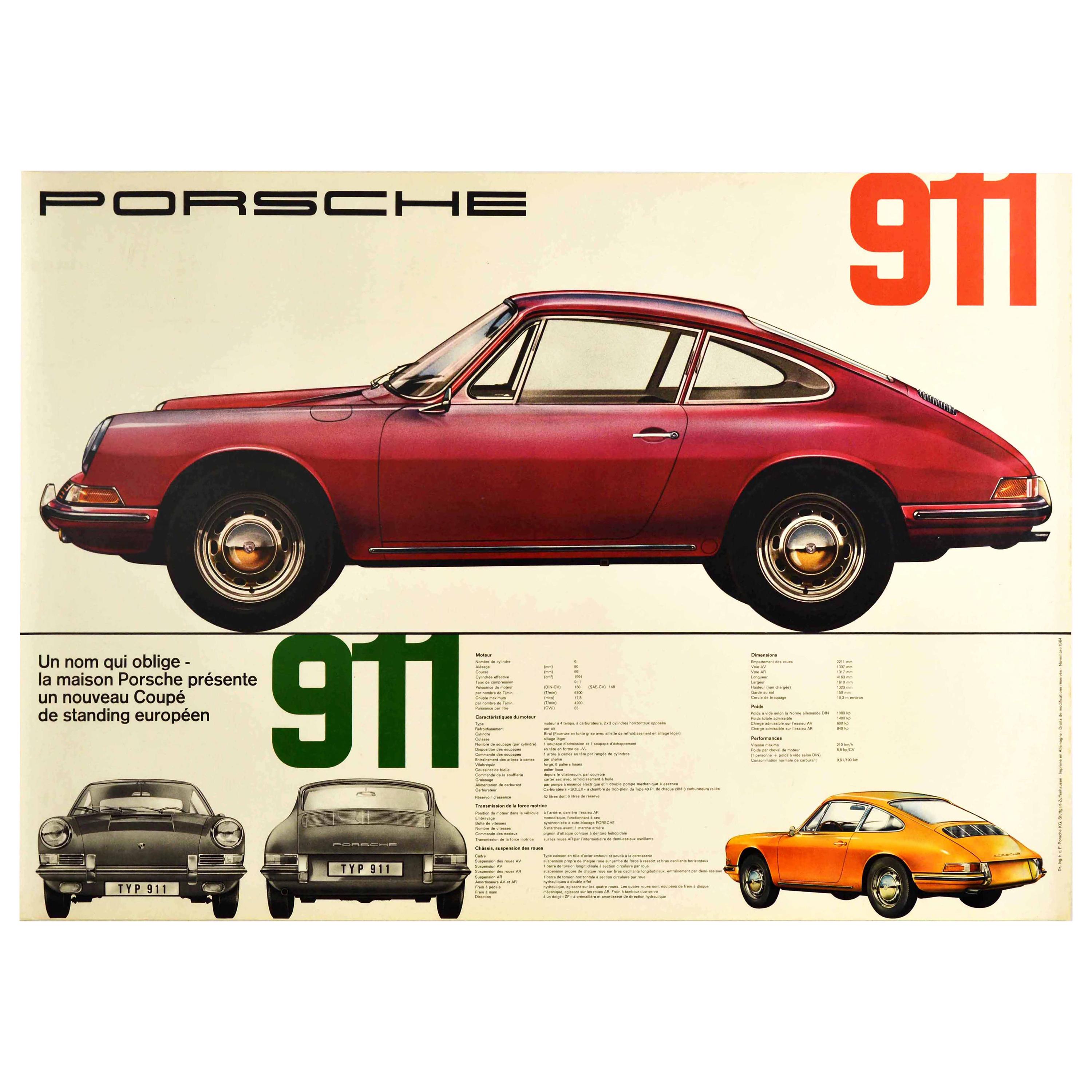 Original Vintage Car Poster Un Nom Qui Oblige Porsche 911 Auto Dealer Showroom