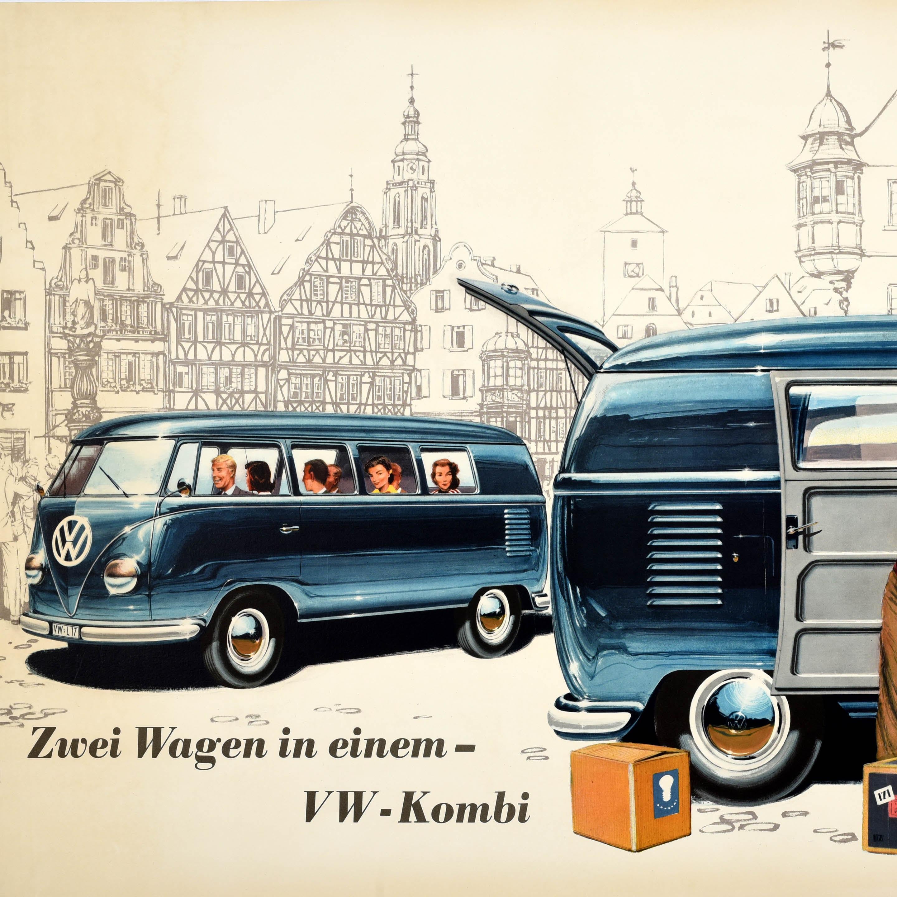 Poster pubblicitario d'epoca originale - Zwei Wagen in einem VW-Kombi / Two cars in one VW Station Wagon - con un grande disegno che raffigura due camper Volkswagen blu lucidi e nuovi per mostrare la praticità e la versatilità dei veicoli, uno con