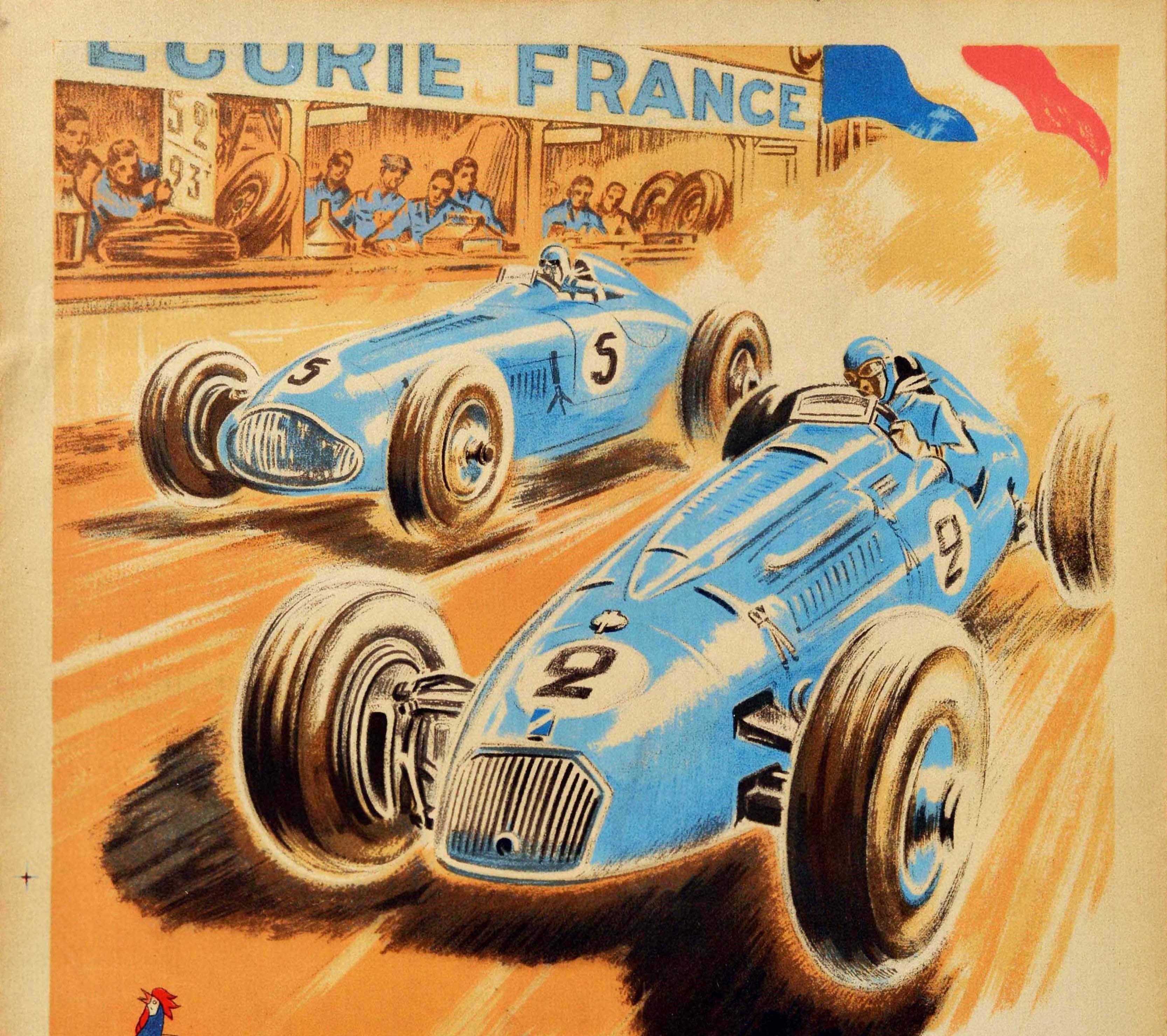 Affiche originale de sport automobile - Ecurie France Talbot et Delahaye en Course - comportant une illustration dynamique de Geo Ham (Georges Hamel ; 1900-1972) représentant deux voitures en course sur un circuit numéroté 2 et 5, roulant à toute