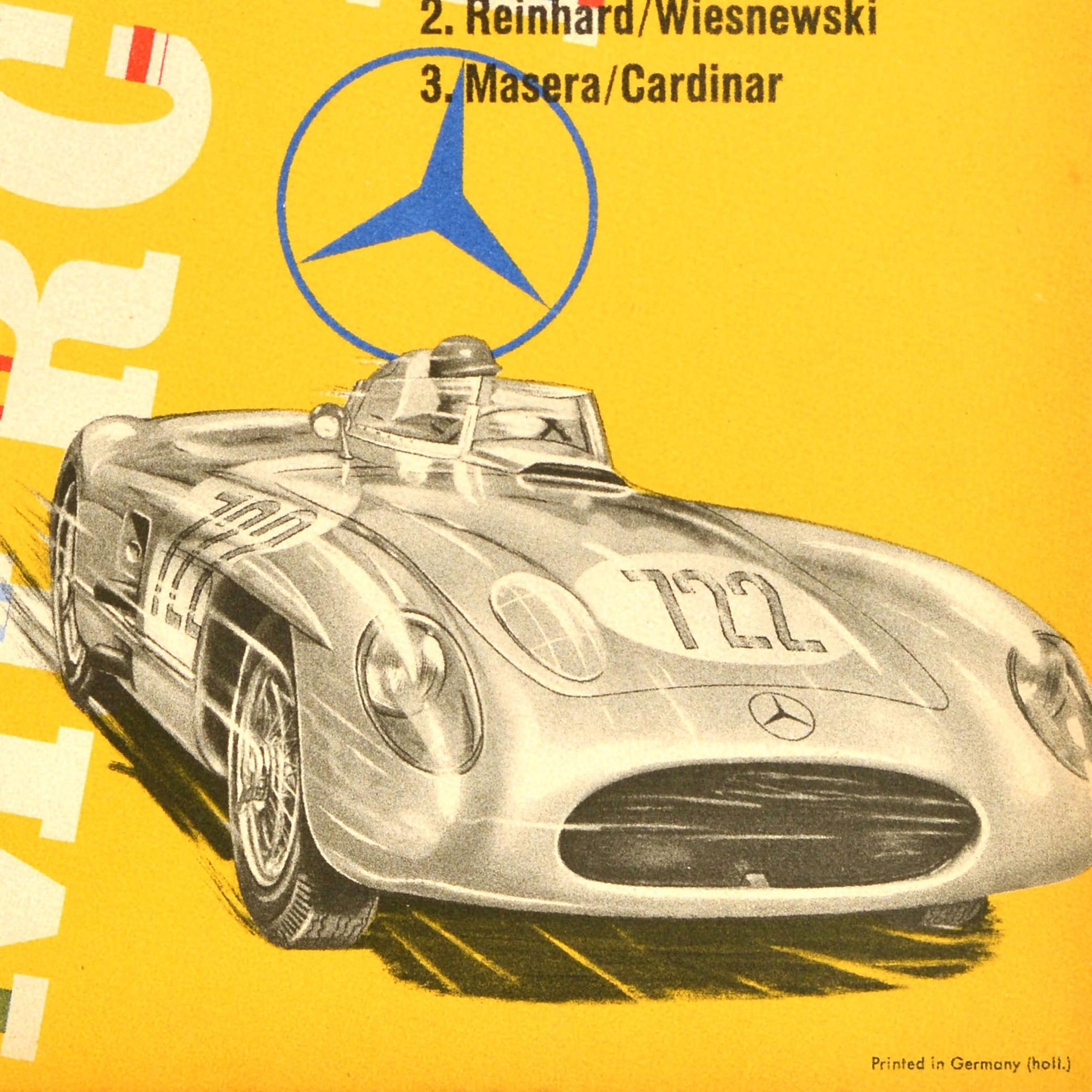 Original vintage car racing poster issued by Mercedes Benz to commemorate their victories at the XXII Mille Miglia races in 1955 with a list of the rankings: Racing sports cars / Race Sportswagens (300SLR) 1. Stirling Moss/Jenkinson 2. World