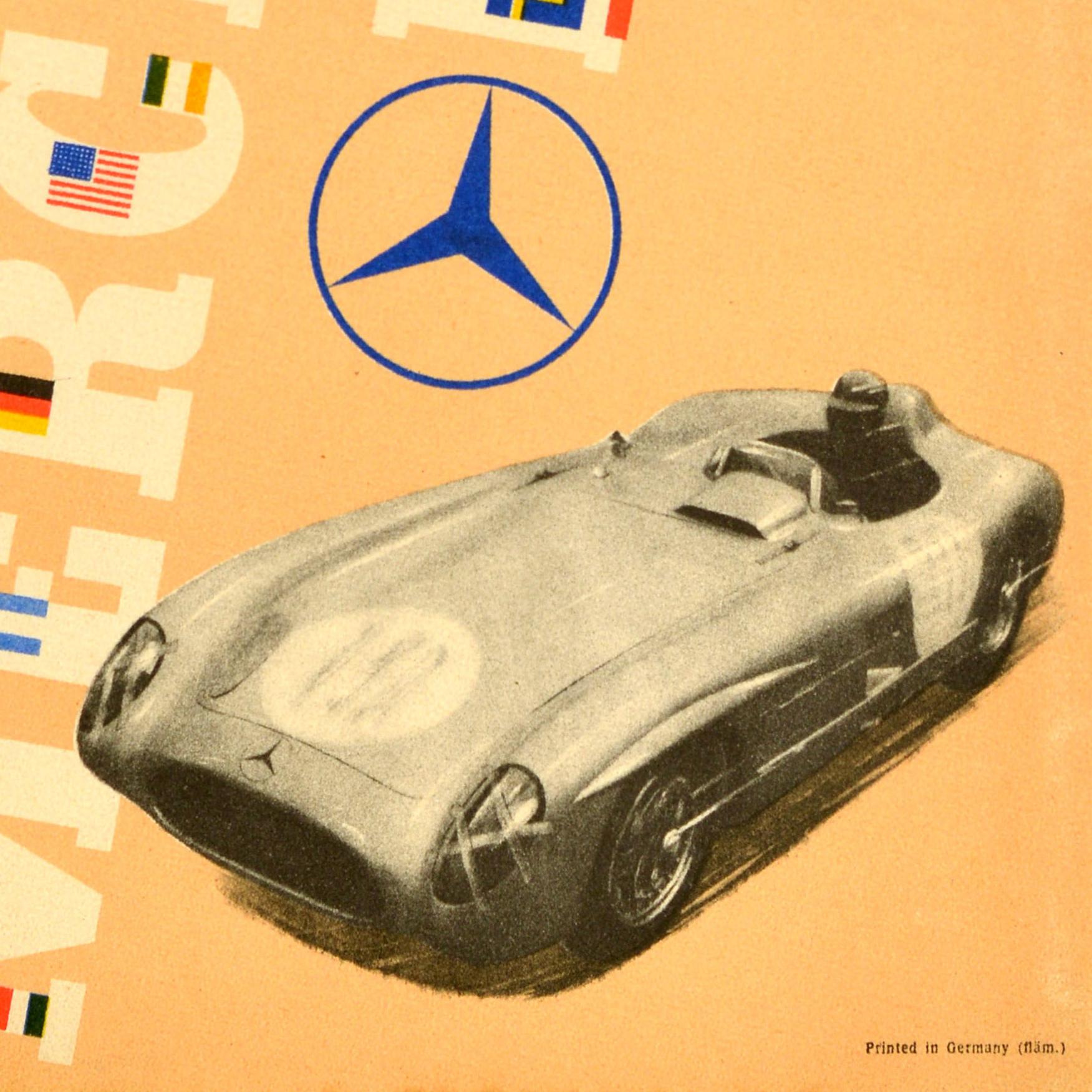 Original vintage car racing poster issued by Mercedes Benz to commemorate their triple victory at the Tourist Trophy Irland / Ireland races in 1955 with a list of the winners: Drievoudige Victorie van de Rensportwagens Racing sports cars (300SLR) 1.