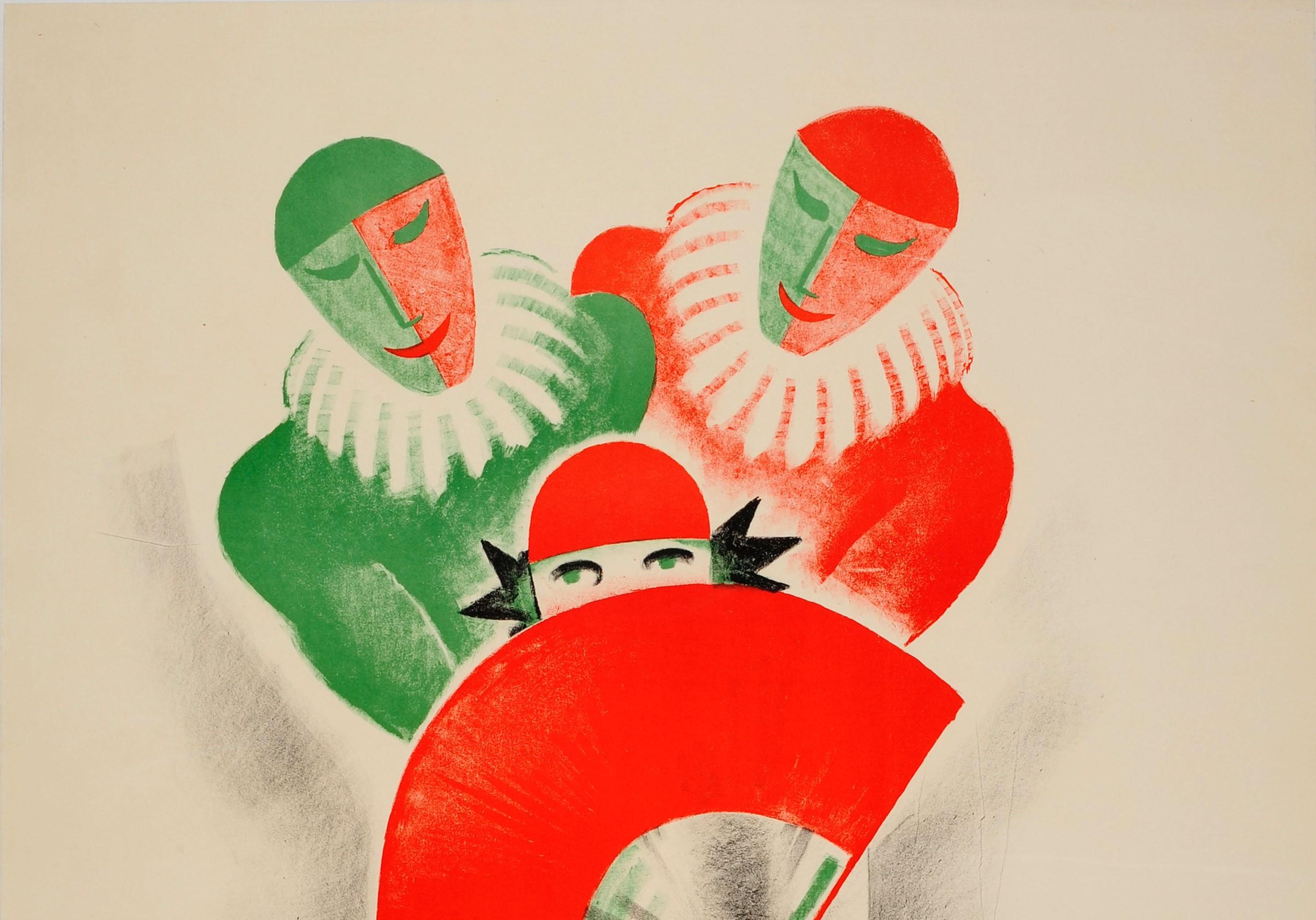 Original vintage advertising poster for the Quodlibet Masken-Ball / Masquerade Masked Ball at the Basel lent carnival in Switzerland held at the Casino-Basel on the evening of Monday 6 March. Great illustration in shades of green and red of a lady