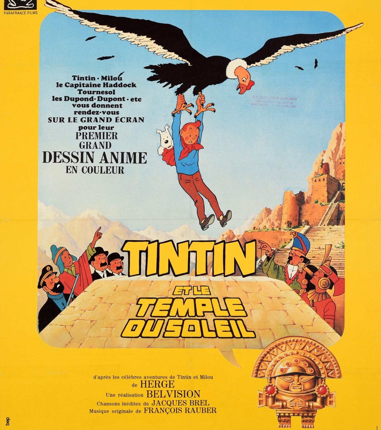 Original vintage movie poster for French release of the 1969 animated family cartoon Tintin and the Temple of the Sun / Tintin et le Temple du Soleil directed by Eddie Lateste based on the popular Belgian graphic novel by the Belgian cartoonist