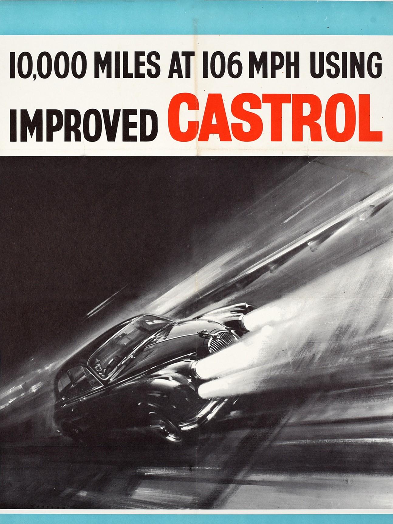 Original vintage advertising poster celebrating the racing achievements using Castrol motor oil featuring a dynamic design depicting a Jaguar car driving at speed on a track at night with the title in bold black and red lettering above 10,000 miles