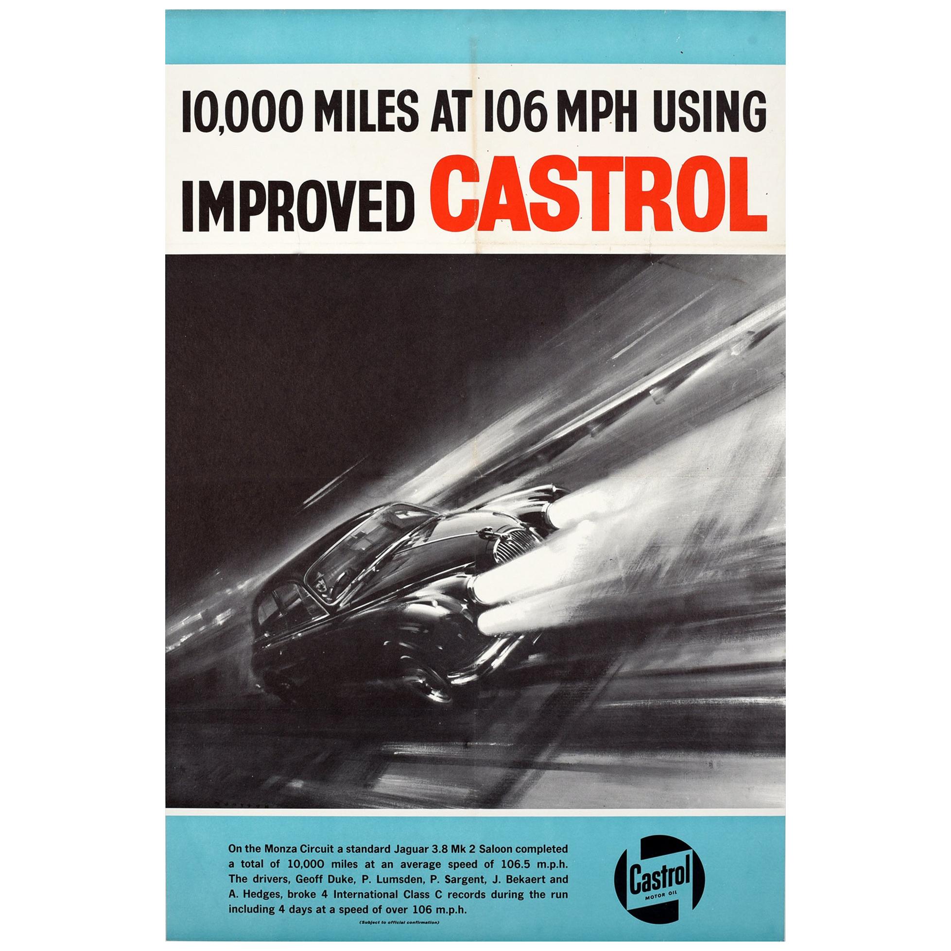 Original Vintage Castrol Motor Racing Poster Monza Circuit Jaguar 3.8 Mark 2 Car